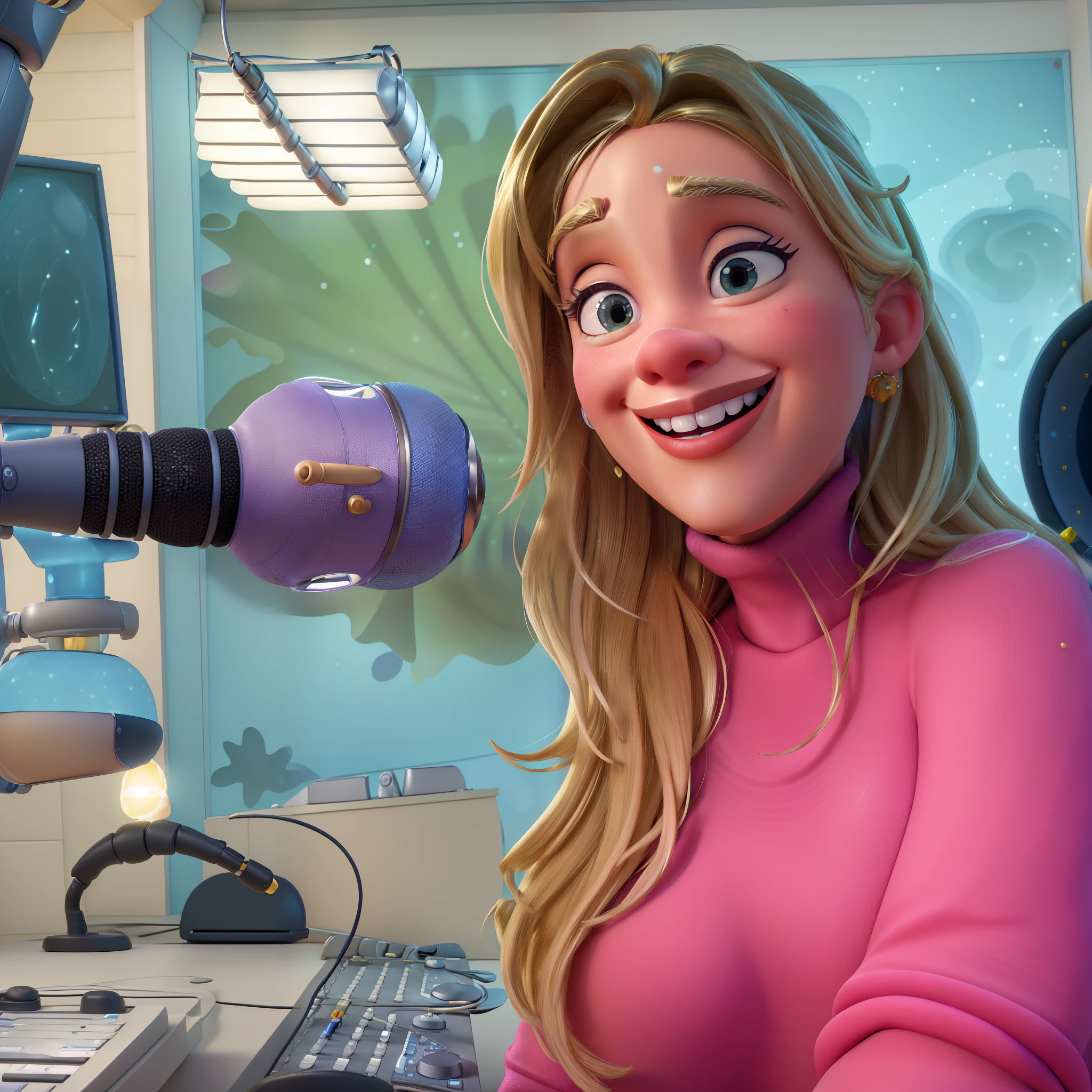 blonde woman, (best quality,3D animated,Disney-Pixar style) character, animated in a radio studio, vibrant colors, (high-res,ultra-detailed), 3D rendering, studio lighting, vivid expressions, dynamic poses, captivating smile, microphone, soundproof booth, sound mixer, professional equipment, animated gestures, realistic textures, enchanting background, playful atmosphere