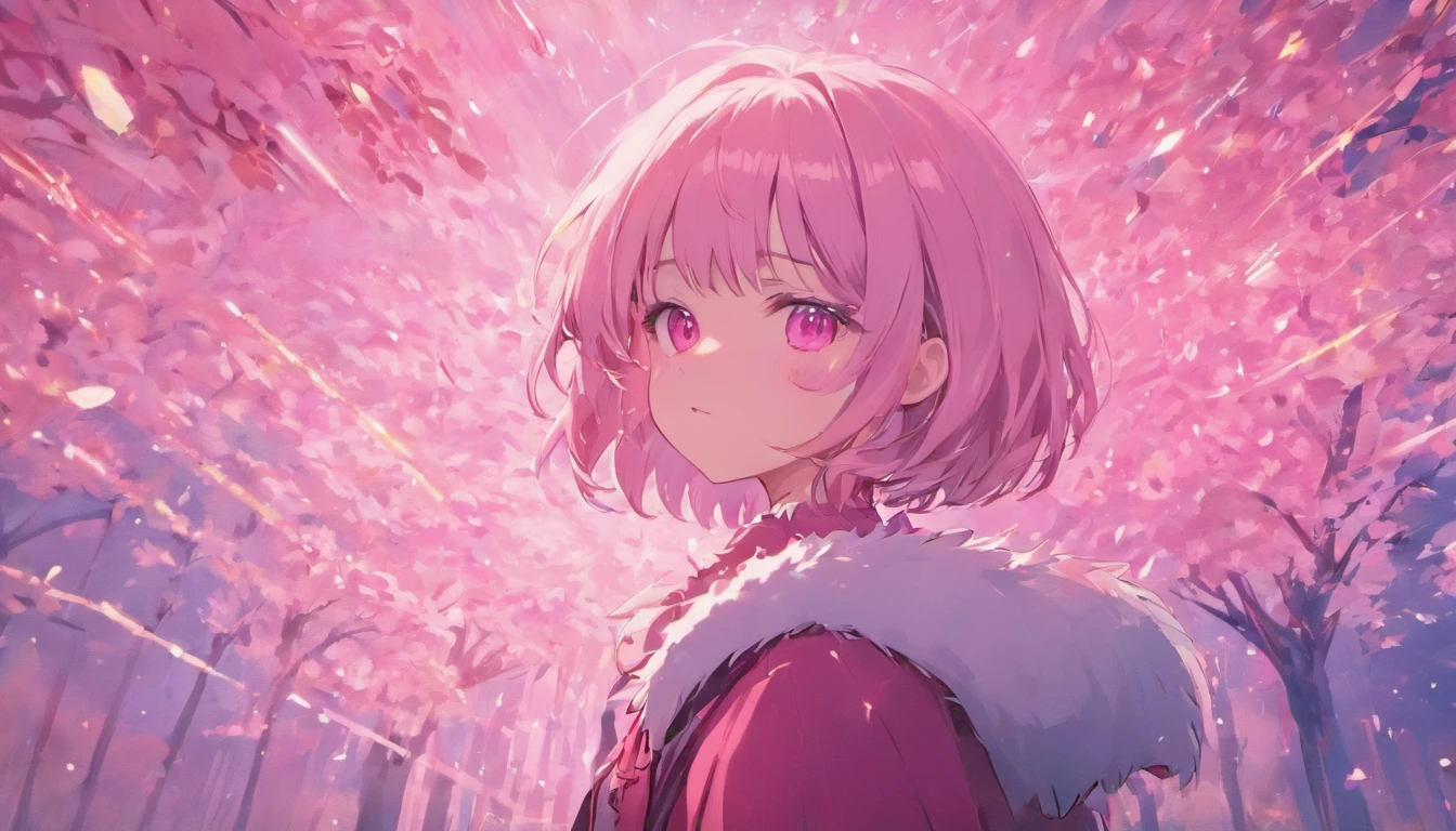 Pink girl with silver hair, Pink eyes, Very short hairstyle, A shy smile, hair clips, Long sleeves, Small chest, reflection, Contre-Jour, landscape, Light scattering, Transparency of the light, (bustup:1.2), (masutepiece). (Best Quality, 8K, hight resolution), Ultra-detailed, (Realistic), Vivid colors、Winters、Contemporary city、Coat with fur