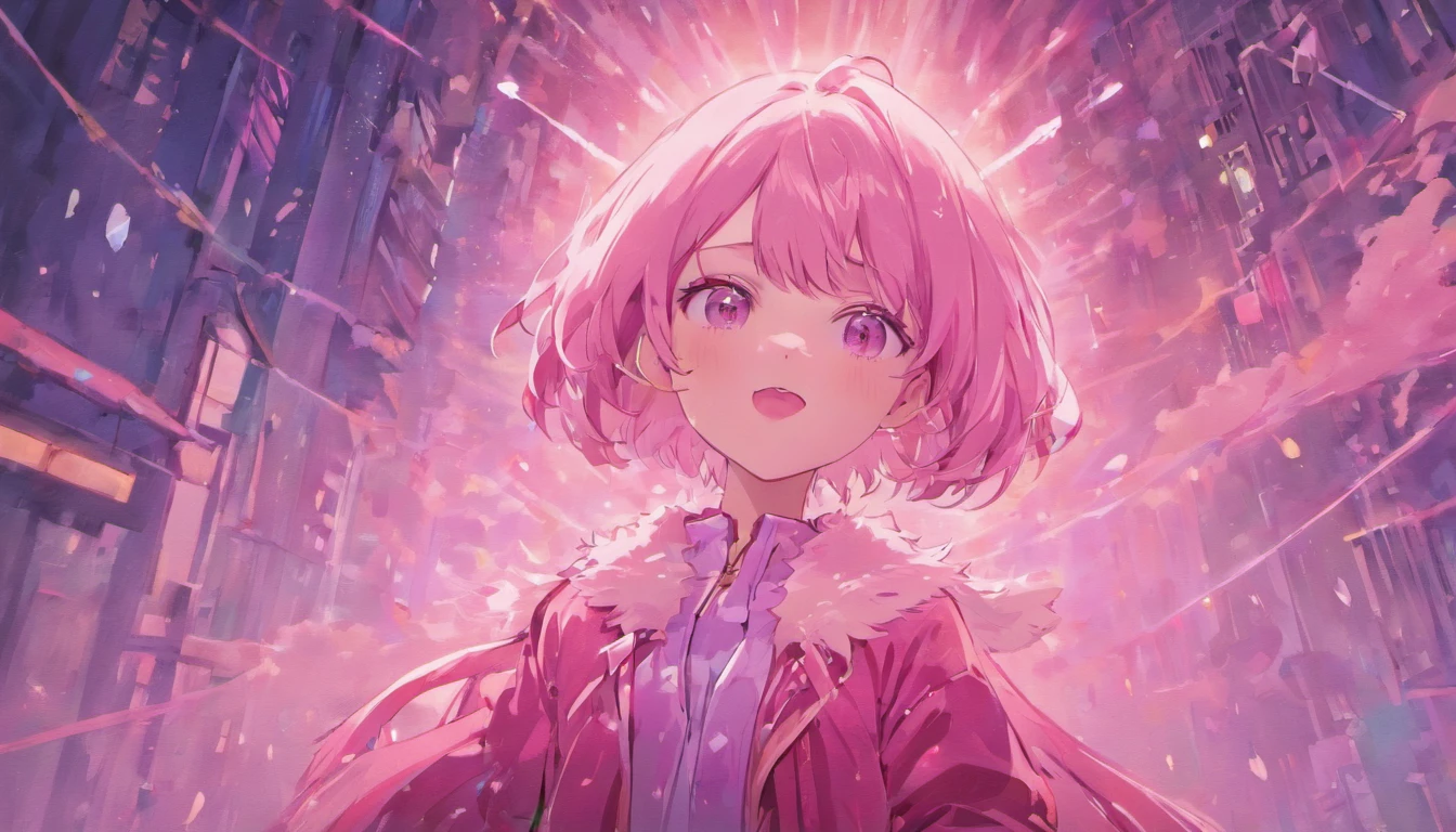 Pink girl with silver hair, Pink eyes, Very short hairstyle, A shy smile, hair clips, Long sleeves, Small chest, reflection, Contre-Jour, landscape, Light scattering, Transparency of the light, (bustup:1.2), (masutepiece). (Best Quality, 8K, hight resolution), Ultra-detailed, (Realistic), Vivid colors、Winters、Contemporary city、Coat with fur