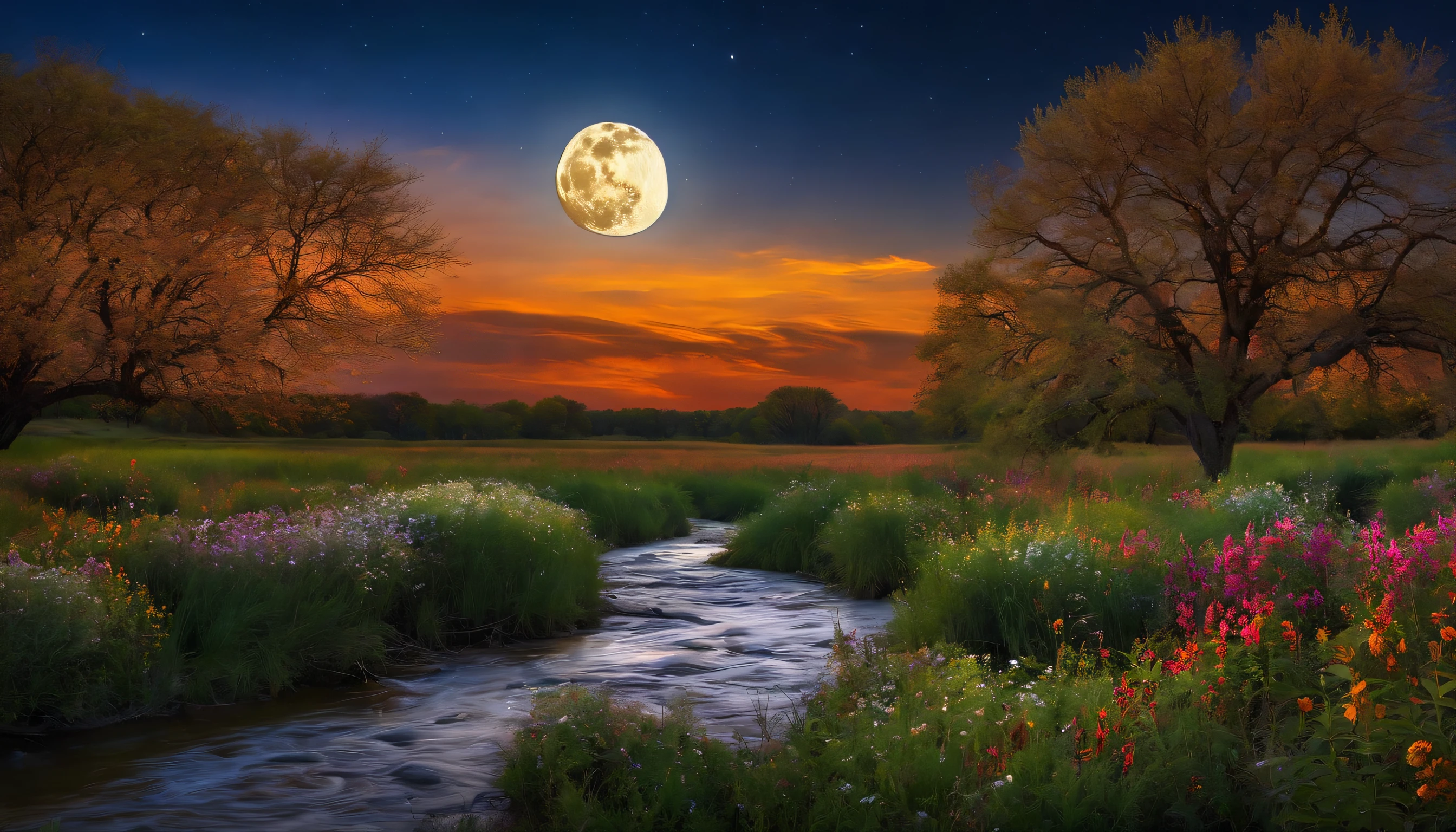 Night prairie glittering trees Meandering rivers Dotted flowers Vivid full moon