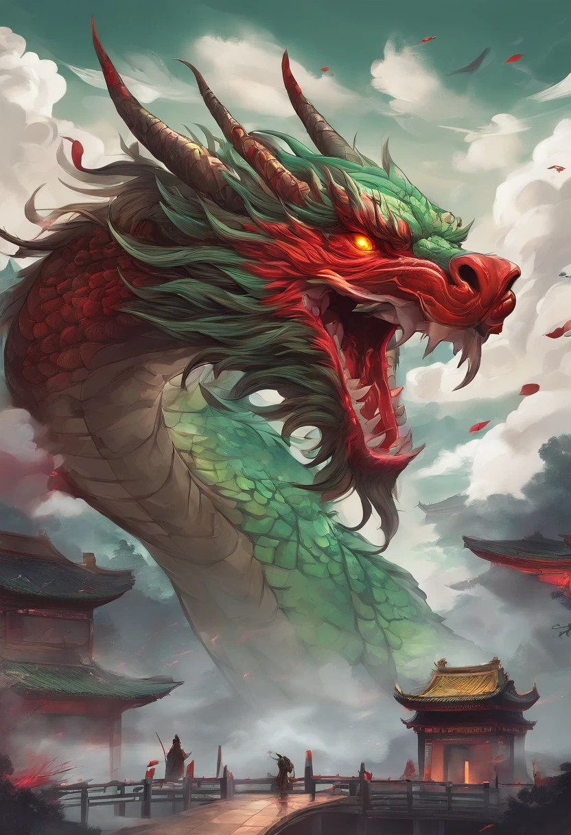 China-style,Chinese mythology,Chinese Green Dragon,tosen,Ferocious,gargantuan,The eyes glow red,Glow effects,surrounded by cloud,Thick clouds,中景 the scene is,Full body like, highly detailed surreal vfx,oc rendered,