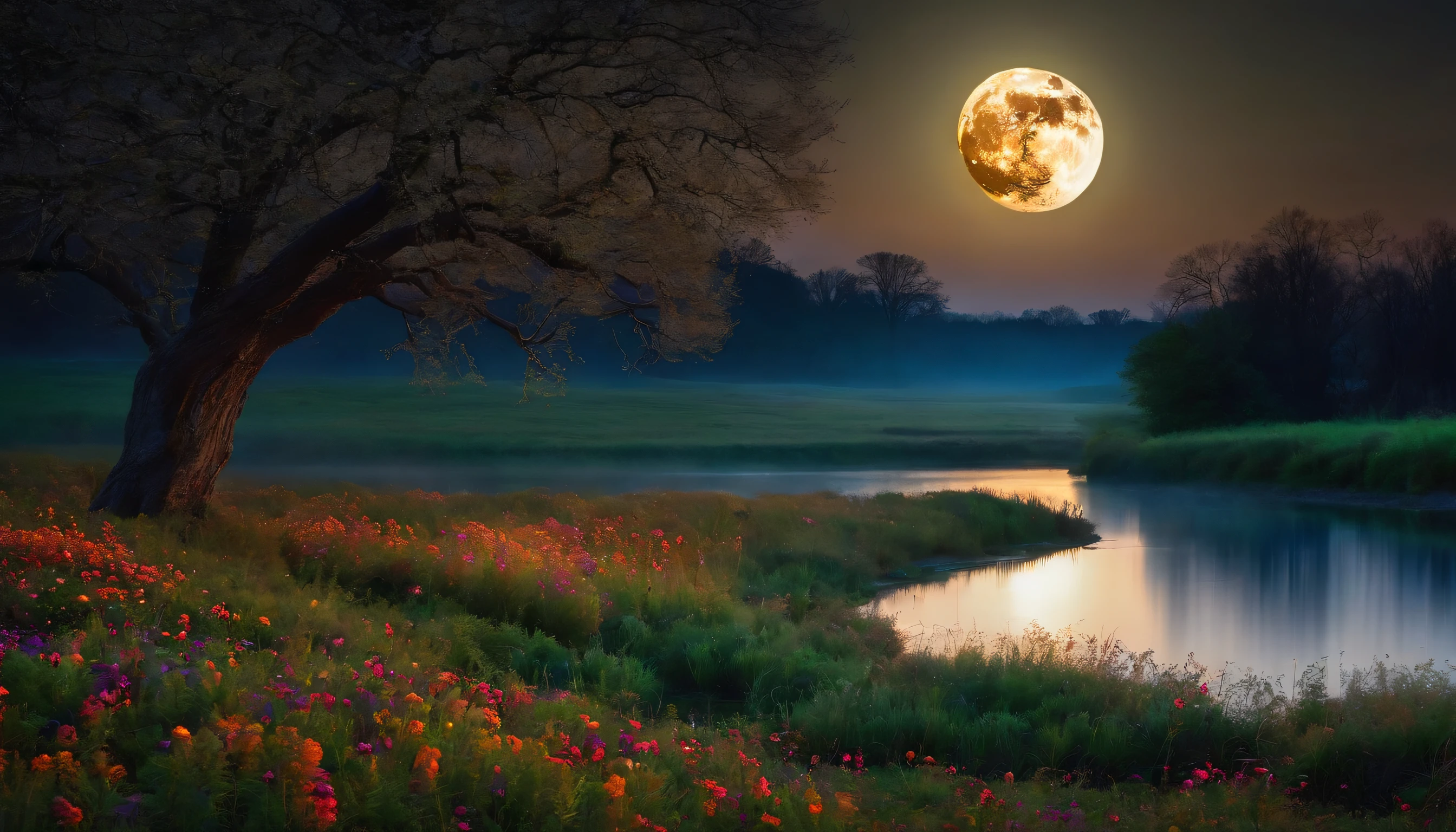 Night prairie glittering trees Meandering rivers Dotted flowers Vivid full moon
