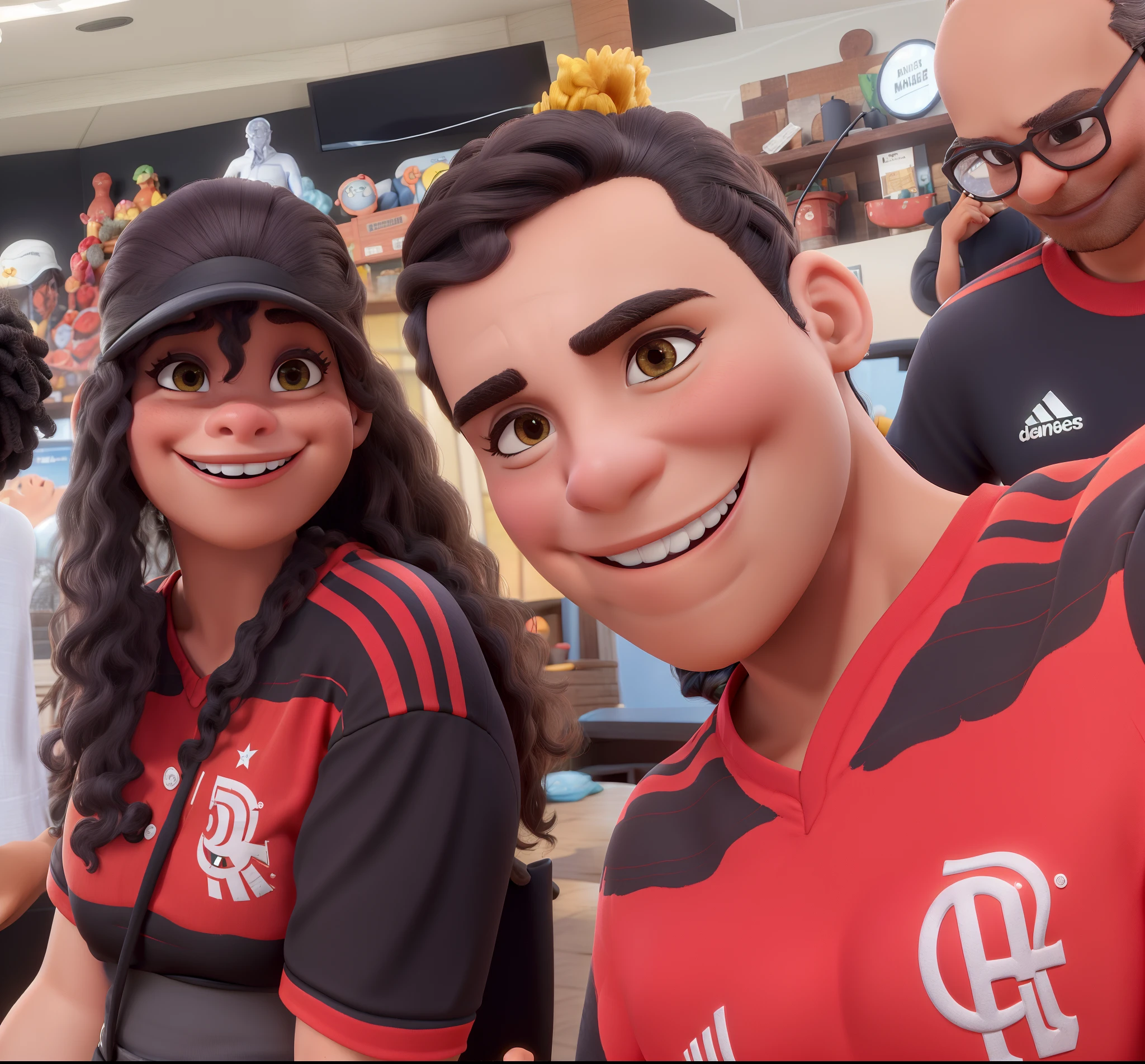 Um homem, e uma mulher de cabelo cacheado preto, nariz fino, sorriso delicado, camisa do flamengo, estilo disney pixar, alta qualidade, melhor qualidade, alta qualidade, altamente detalhado CG unidade 8k