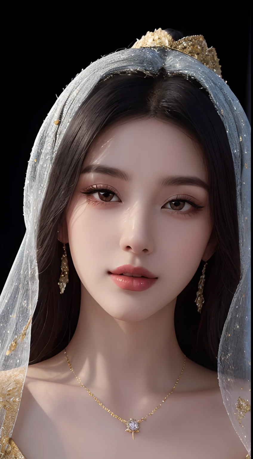 a close up of a woman wearing a gradient black crystal jewel veil and a gold head piece, stunning digital illustration, face covered in beautiful veil,4k highly detailed digital art, beautiful digital artwork, arabian beauty, beautiful digital illustration, 8k stunning artwork, 8k high quality detailed art, intricate wlop, detailed beauty portrait, arabian princess, detailed beautiful portrait, beautiful art uhd 4 k