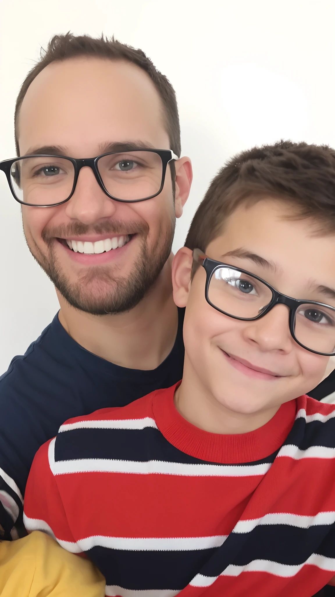 Pixar-style image: there is a man with glasses and a short beard and a boy in glasses and a shirt with wide stripes who are smiling at the camera, with a kid, imagem de qualidade muito alta, uma imagem tipo retrato, iluminado