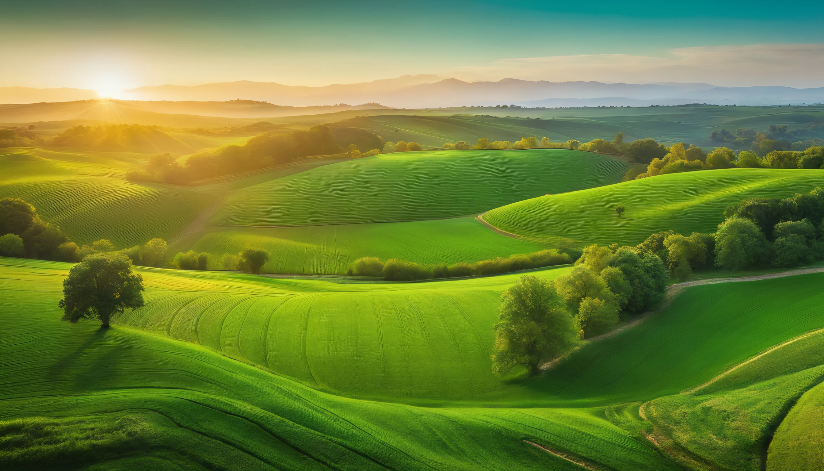 Image of green fields and fruit trees,Represents the vegetation created by God.