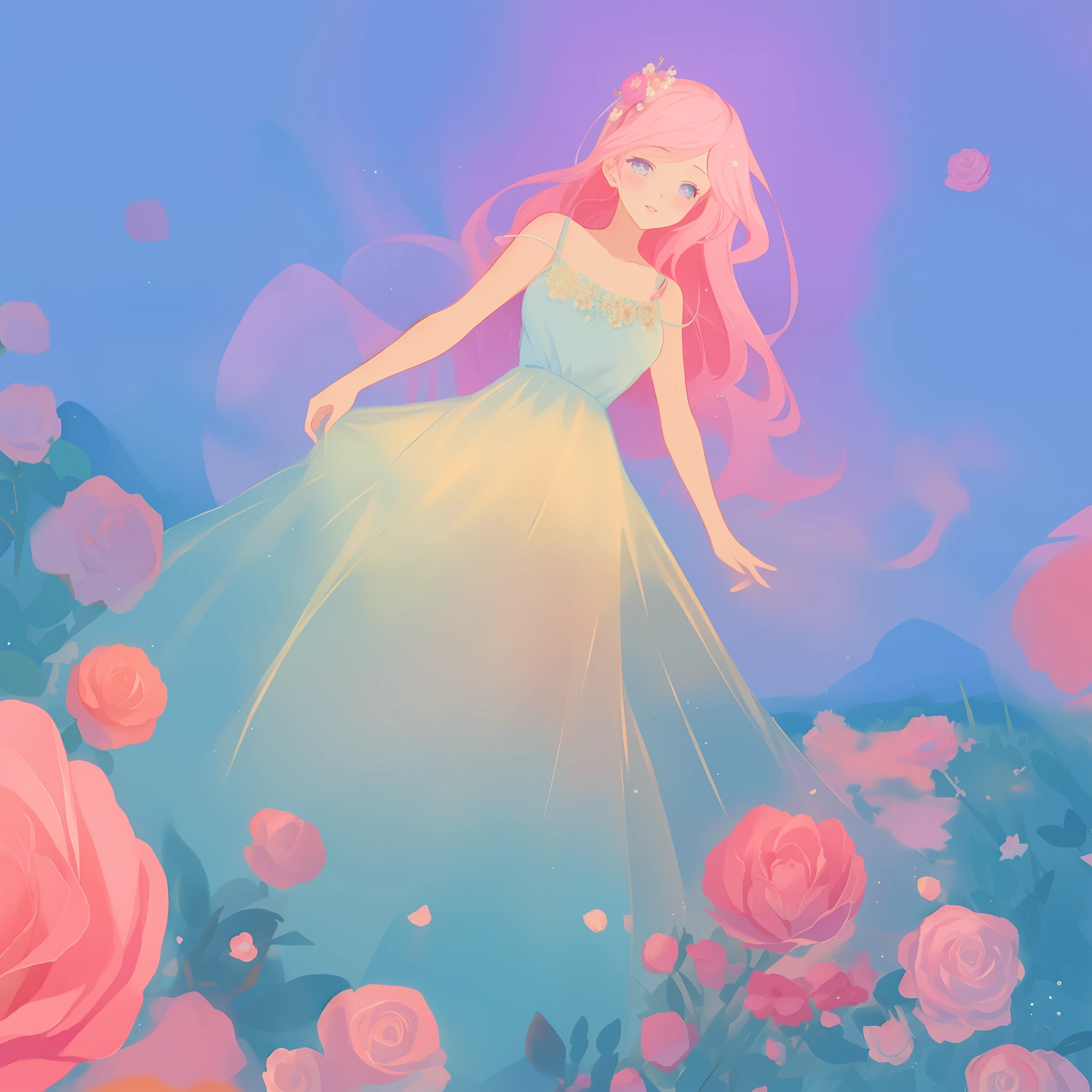 beautiful girl in puffy white ballgown, a field with puffball pink flowers, otherworldly flowers, whimsical landscape, long pink flowing hair, watercolor illustration, inspired by Glen Keane, inspired by Lois van Baarle, disney art style, by Lois van Baarle, by Glen Keane, jen bartel, digital painting, beautiful digital illustration, fantasia otherworldly landscape plants flowers, beautiful, masterpiece, best quality, anime disney style