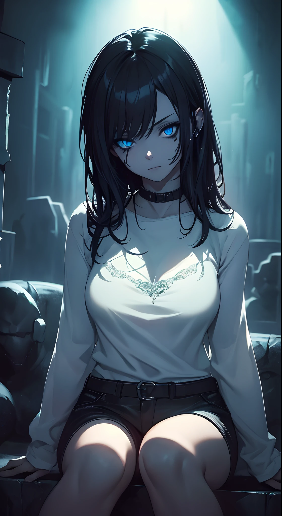 1 Solo, woman,hood,, mascular body,, glowing blue eyes, sitting with tree,,grim soul,,graveyard,,dark black shorts, dark black rose, scary , fantasy jungle,red moonlight, scared cinematic shot,((masterpiece, best quality, )),