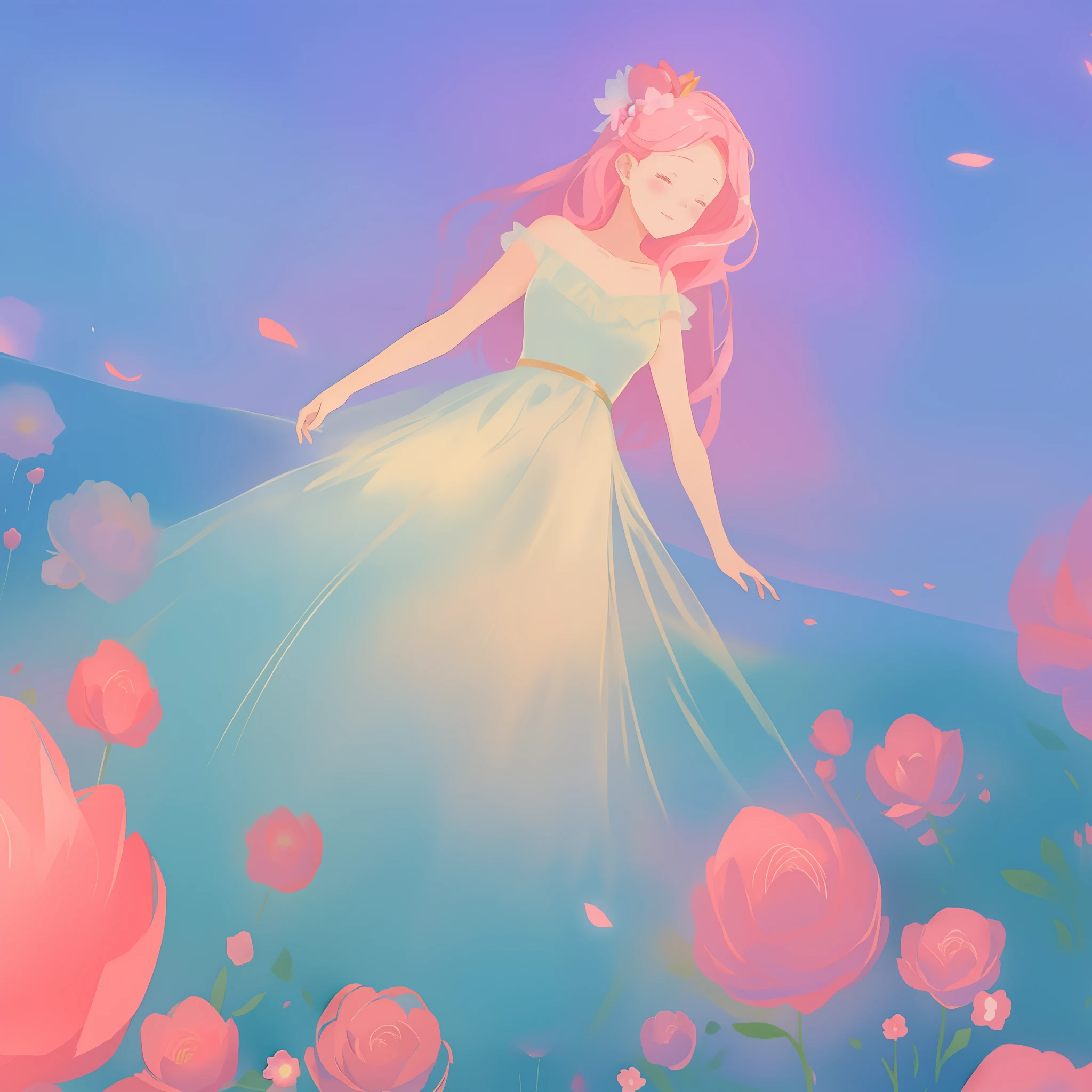 beautiful girl in puffy white ballgown, a field with puffball pink flowers, otherworldly flowers, whimsical landscape, long pink flowing hair, watercolor illustration, inspired by Glen Keane, inspired by Lois van Baarle, disney art style, by Lois van Baarle, by Glen Keane, jen bartel, digital painting, beautiful digital illustration, fantasia otherworldly landscape plants flowers, beautiful, masterpiece, best quality, anime disney style