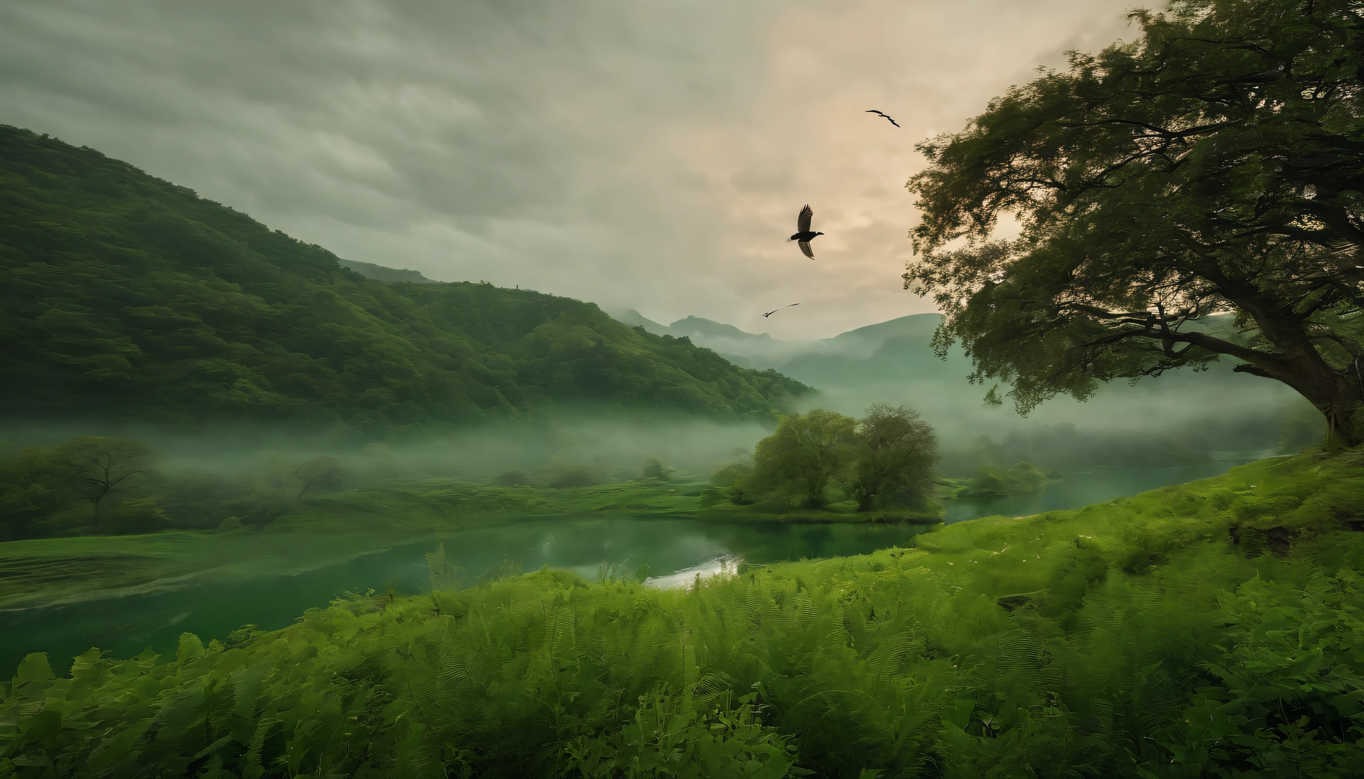 There are some trees and birds in the green area，The environment is a bit cloudy, A river