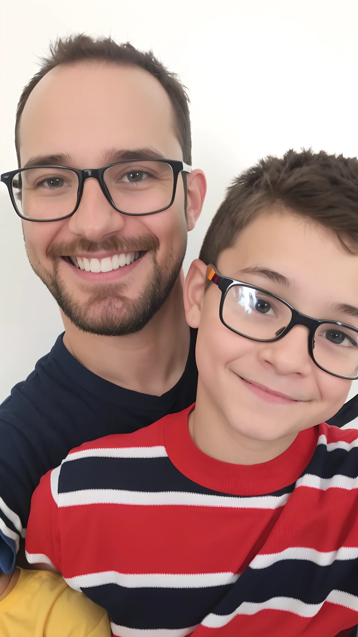 Pixar-style image: there is a man with glasses and a short beard and a boy in glasses and a shirt with wide stripes who are smiling at the camera, with a kid, imagem de qualidade muito alta, uma imagem tipo retrato, iluminado