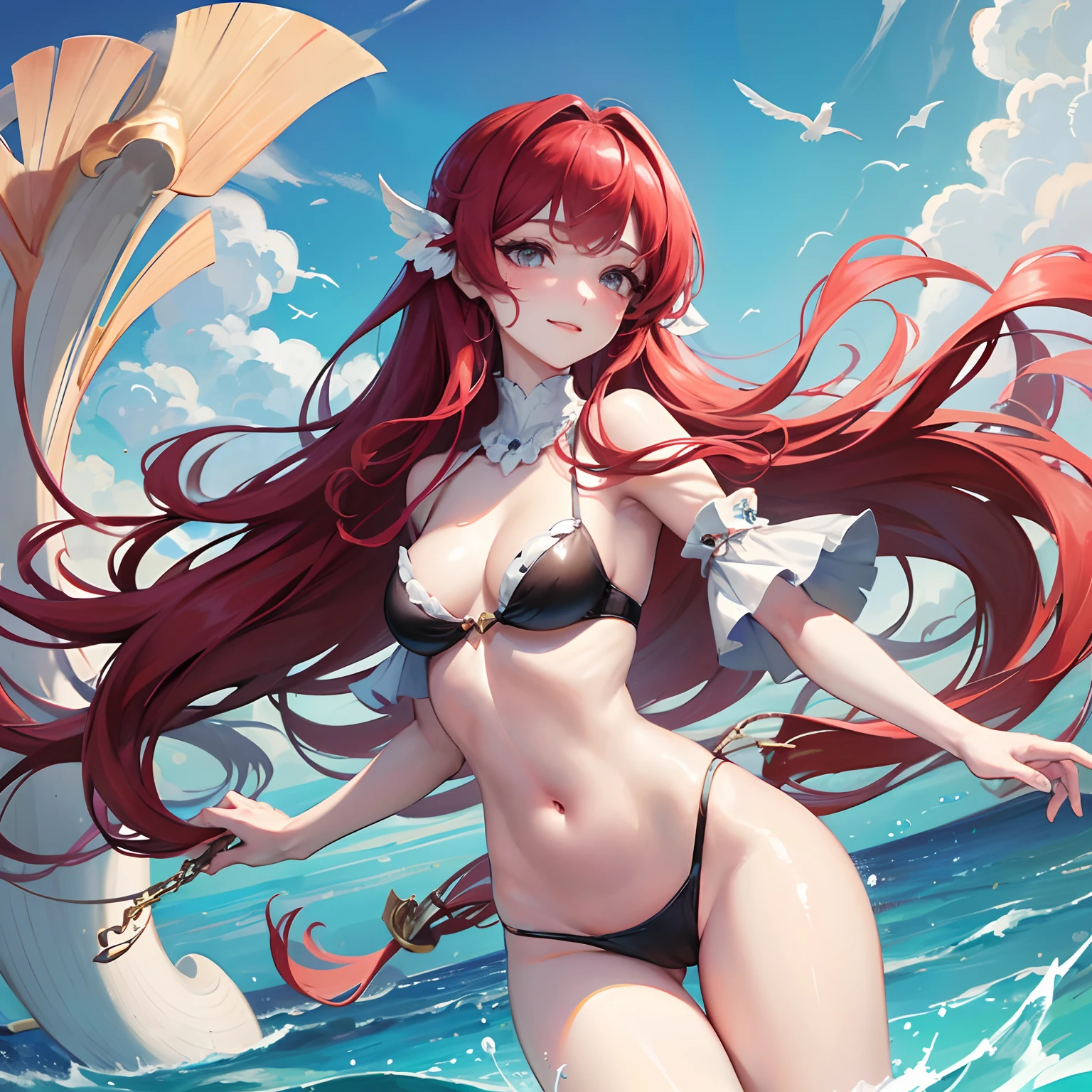 Red long hair, Grey eyes, blush, Smile, Tolerable, Masterpiece, Best Quality, high resolucion;,detail enhancement,best qualtiy,perfect image quality,Beautiful and sexy, One-person viewpoint, Small moles under the eyes , prety, large full breasts, s whole body, perfect hand, perfect body figure, 8K, 흥분한, Liquid flow, Fluids, Big breasts, Against the backdrop of the sea, splendid, Seashell swimsuit, The Little Mermaid, Seashells on the chest, pure white skin