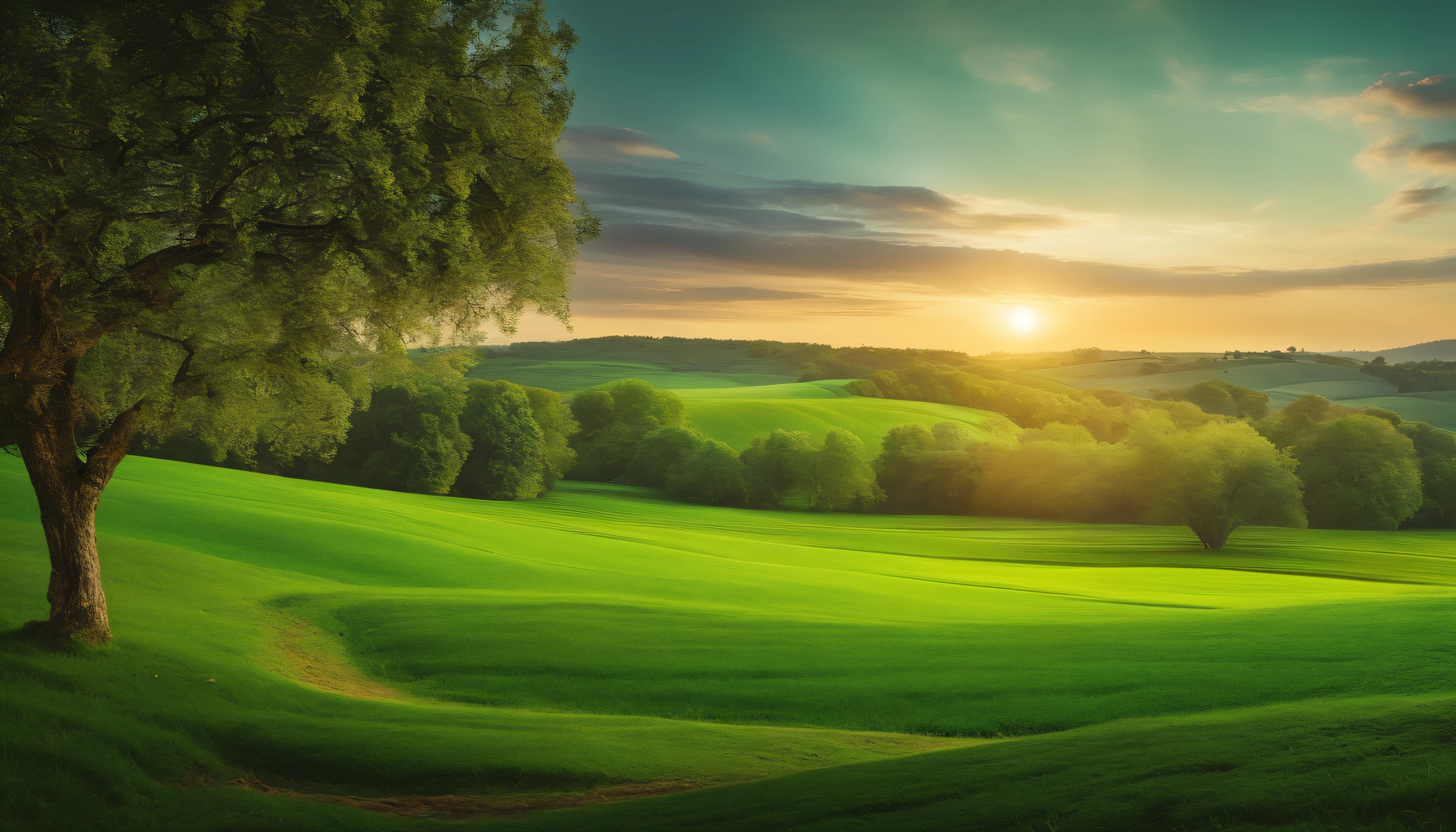 Image of green fields and fruit trees,Represents the vegetation created by God.