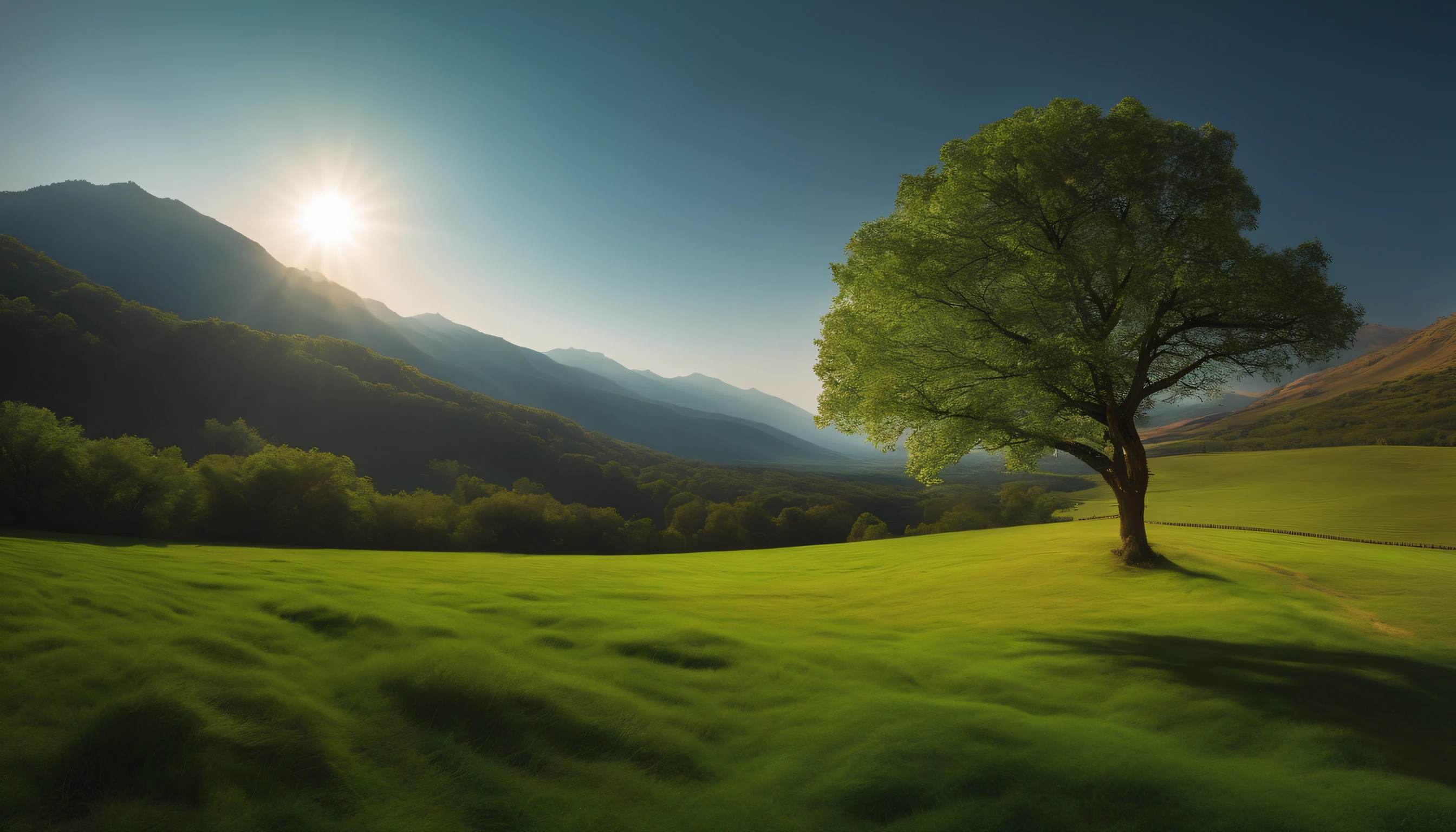 A green steppe,There is a big tree in the middle,Surrounded by rolling mountains,Surrounded by large trees,A ray of light shone on the tree(Tyndall Effect 2.0),The picture is quiet and serene