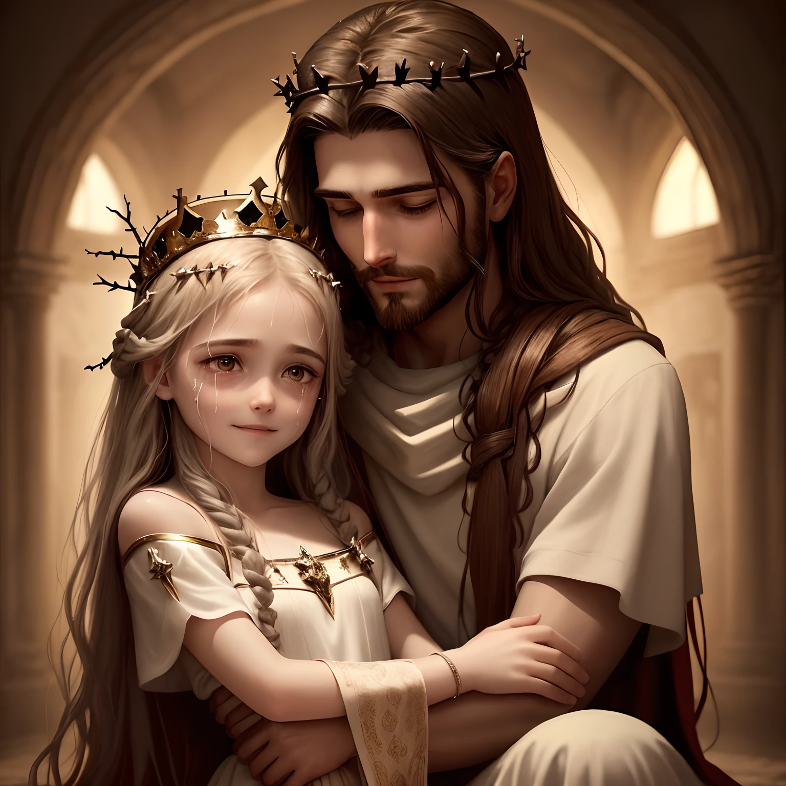 Jesus wearing a crown made of thorns, and a girl sitting in his lap, hugging him. Their heads collide. A thorn of his crown is impaled on her head and her head is bleeding. He is crying since she bleed. He is looking at her with extreme love. She is smiling with tears flowing through her face. She is looking at him.