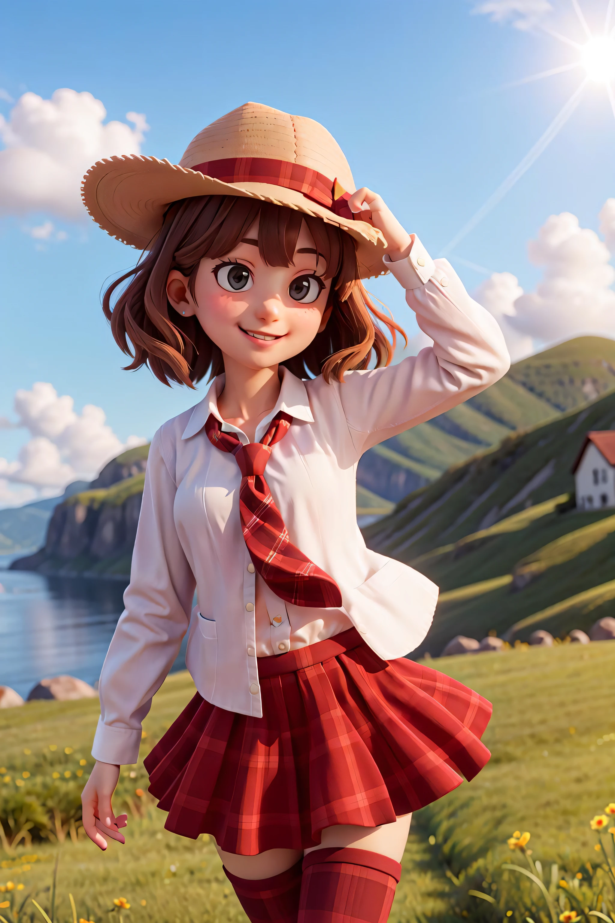 masterpiece, high quality best quality,1girl, bangs, beach, blue_sky, blush, bow, breasts, checkered, checkered_shirt, checkered_skirt, cloud, cloudy_sky, collarbone, day, envelope, giving, grass, hair_bow, heart, holding, holding_letter, horizon, incoming_gift, kazami_yuuka, leaning_forward, lens_flare, letter, light_rays, long_hair, looking_at_viewer, love_letter, mountain, mountainous_horizon, ocean, outdoors, plaid, plaid_background, plaid_bikini, plaid_bow, plaid_bowtie, plaid_bra, plaid_dress, plaid_headwear, plaid_jacket, plaid_legwear, plaid_necktie, plaid_neckwear, plaid_panties, plaid_pants, plaid_ribbon, plaid_scarf, plaid_shirt, plaid_skirt, plaid_vest, pov, shirt, skirt, sky, smile, solo, sun, sunbeam, sunlight, tree, unmoving_pattern