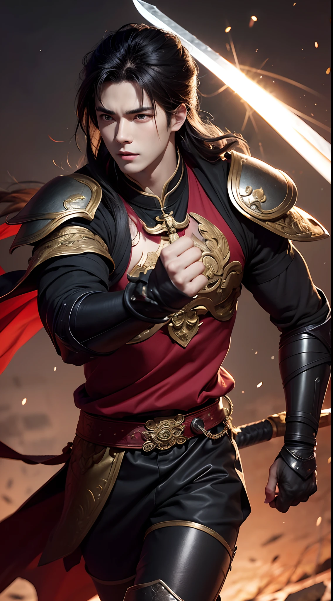 8K,Photorealsitic　Raw photography　top-quality;1.4) 　(1 Juvenile Attendant)　Super handsome use　(Lifelike face)　Shonen Demon Slayer　Black and red combat uniform　Black pants　Leggers Armor　Beautiful expression　超A high resolution　A smile　accurate detail　real looking skin　Equip a sword at the waist　In sword and armor in a city setting by Jan J, Handsome Boy in Demon Slayer Art, G Liulian art style, chengwei pan on artstation, yangjun chen, Zhao Yun, Inspired by Zhang Senyao, by Leng Mei, by Victor Wang, xianxia hero, by Zhou Fang, by Yang Jin