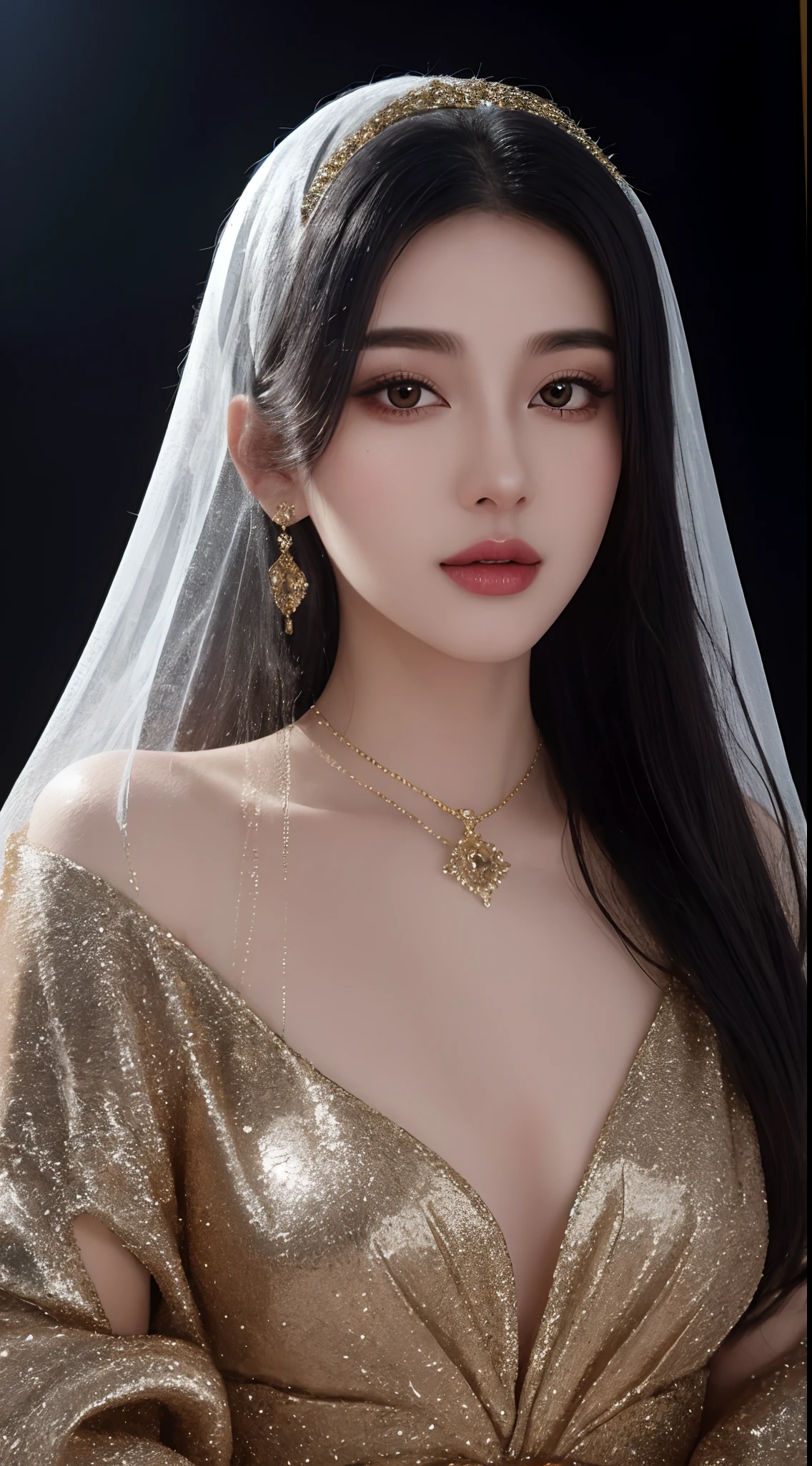a close up of a woman wearing a gradient black crystal jewel veil and a gold head piece, stunning digital illustration, face covered in beautiful veil,4k highly detailed digital art, beautiful digital artwork, arabian beauty, beautiful digital illustration, 8k stunning artwork, 8k high quality detailed art, intricate wlop, detailed beauty portrait, arabian princess, detailed beautiful portrait, beautiful art uhd 4 k