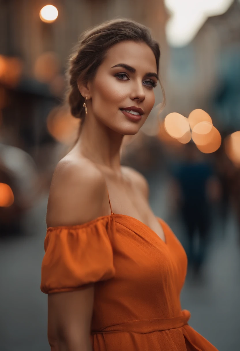 a woman posing on the street corner with orange dress on, best quality, 1girl, large breast, day, bright, blur background, bokeh, outdoor, (street:0.8), (people, crowds:0.8), (off-shoulder dress:1.2), gorgeous, (braided bangs:1.2), beautiful detailed sky, (dynamic pose:1.2), soft lighting, wind, shiny skin, (upper body:0.8), (freckles:0.8), mole under mouth,
