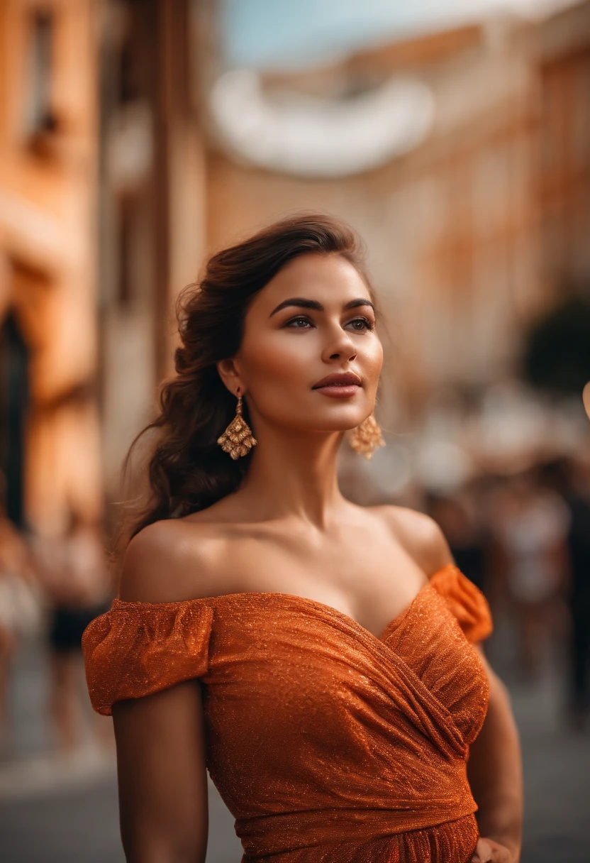 a woman posing on the street corner with orange dress on, best quality, 1girl, large breast, day, bright, blur background, bokeh, outdoor, (street:0.8), (people, crowds:0.8), (off-shoulder dress:1.2), gorgeous, (braided bangs:1.2), beautiful detailed sky, (dynamic pose:1.2), soft lighting, wind, shiny skin, (upper body:0.8), (freckles:0.8), mole under mouth,