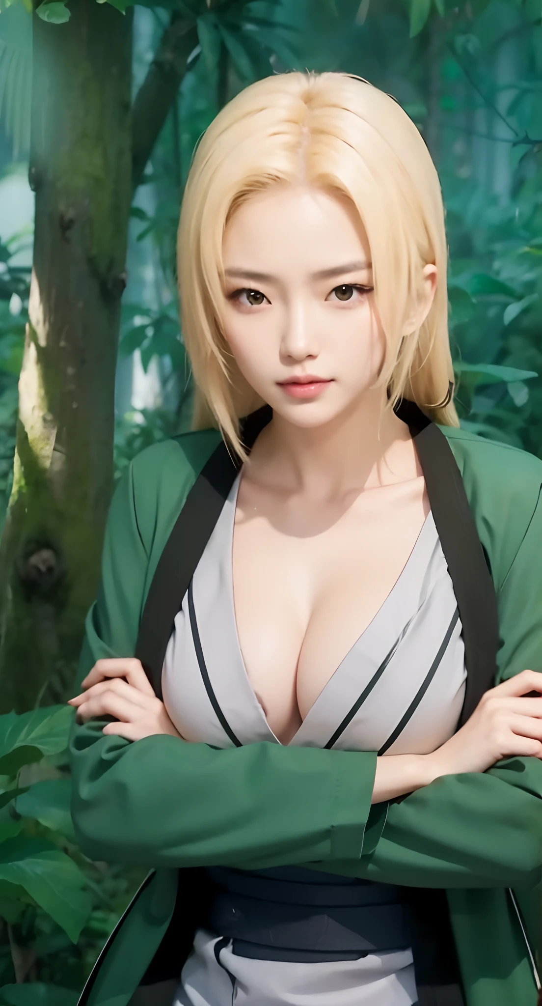 Real life adaption of this character,( adult Japanese beauty face),looking to viewer,realistic same blonde hair ,realistic jungle with many grass background, hyper realistic, realistic light, realistic shadow, realism,(photorealistic:1.2), (realistic same outfit),