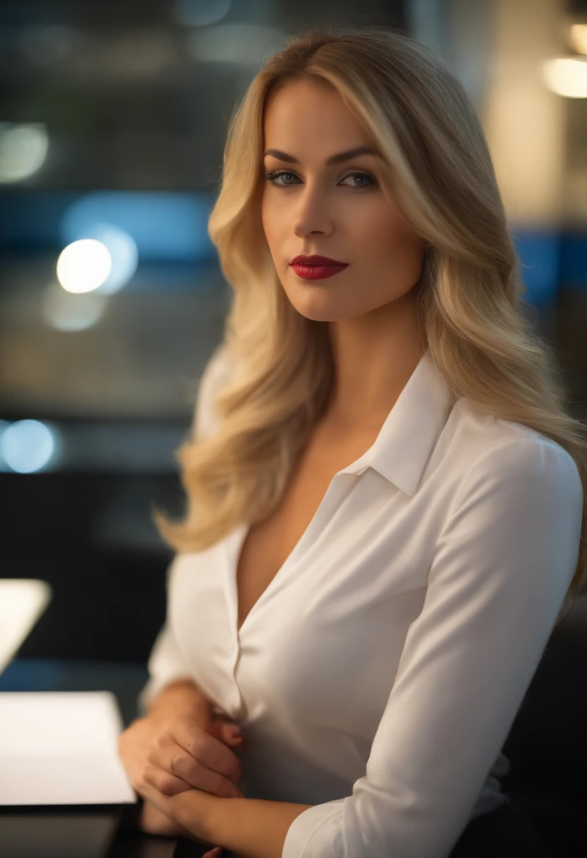 professional, (photographic 4k:1.1), (Dittmann Anna:0.3), (Marcos Ariano:0.3), (sharp focus:1.3), very high detail, wearing fashionable business clothes, Beautiful and detailed face, hazel eyes, long blonde hair, Body shape, office with large desk, with windows overlooking Barcelona's diagonal avenue, Cozy office (Night)