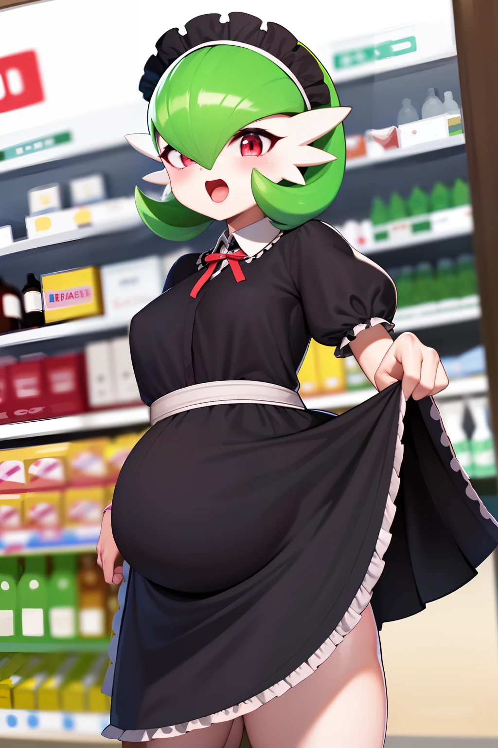 obra maestra, best_quality, 1girl, solo, gardevoir, pokemon \(criatura\), cabello verde, ojos rojos, vestido de sirvienta, supermarket, de perfil, en un supermarket, vista lateral, sosteniendo una caja, (((embarazada))), gardevoir embarazada, [junto a un carrito de supermercado], senos medianos, senos marcados, maid uniform, maid uniform black, [uniforme completo], voltea la mirada, escena vista en tercera persona.