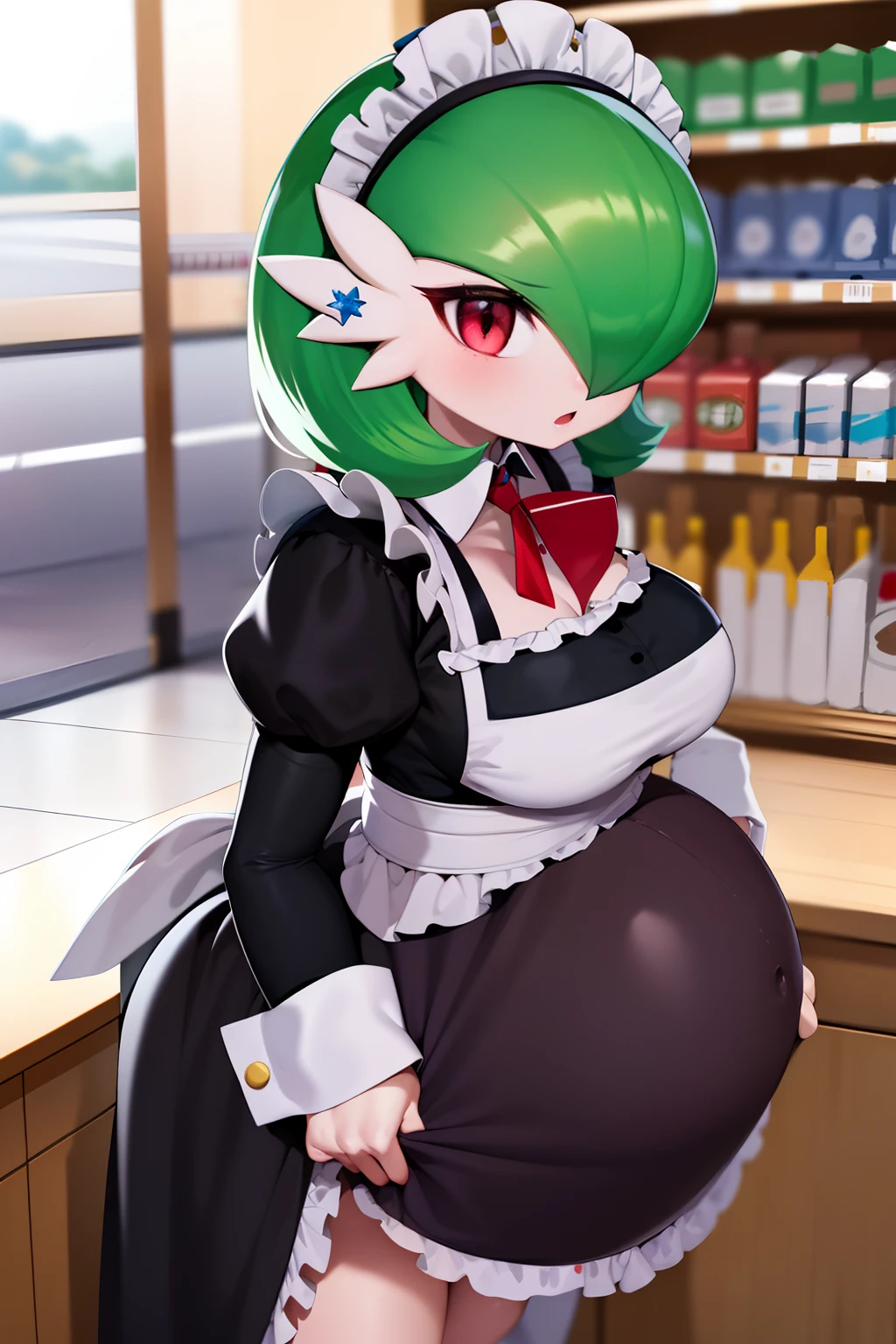 obra maestra, best_quality, 1girl, solo, gardevoir, pokemon \(criatura\), cabello verde, ojos rojos, vestido de sirvienta, supermarket, de perfil, en un supermarket, vista lateral, sosteniendo una caja, (((embarazada))), gardevoir embarazada, [junto a un carrito de supermercado], senos medianos, senos marcados, maid uniform, maid uniform black, [uniforme completo].