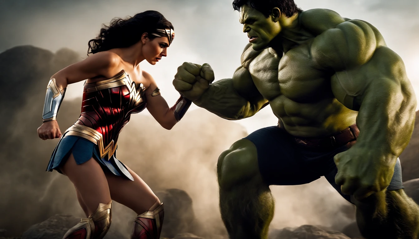 [Hulk and Wonder Woman engage in an intense battle with the villain, showcasing their incredible powers and teamwork], black hair, Hyperrealism, cinematic lighting, high details, masterpiece, best quality, high quality, super detail, retina, 8k