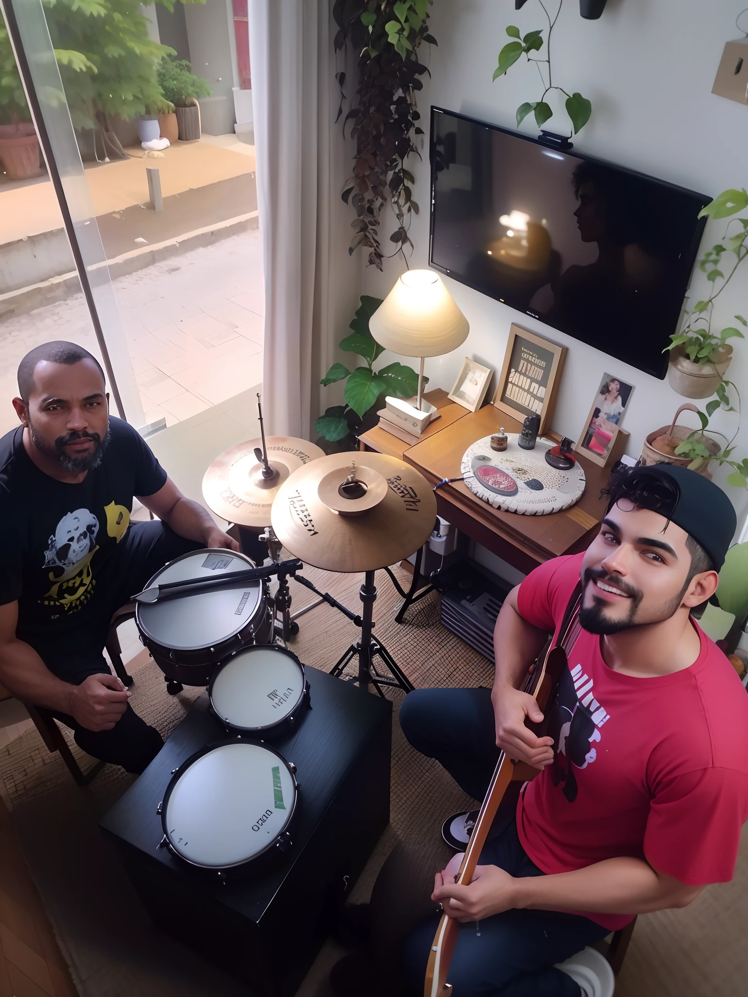 dois homens sentados em uma sala de estar com uma guitarra e um tambor, 🌻🎹🎼, tocando bateria, Congas, album photo, Bongos, Congas reais, jamming to music, baterista, bateria, Foto realista, studio recording, Directed by: Nandor Soldier, imagem do avatar, Capturado no iPhone, 🪔 🎨;🌞🌄