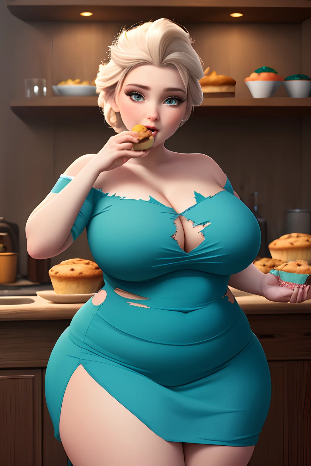 masterpiece, best quality, photorealistic, solo, (detailed eyes:0.9), Elsa, cute beautiful face, eating muffin, very chubby, chubby belly, curvy, big deep navel, plump, young, fat rolls, belly rolls, muffin top, sexy, tight teal dress, ripped dress, cellulite, torn dress, thunder thighs, muffin top, love handles, got fat, fatty