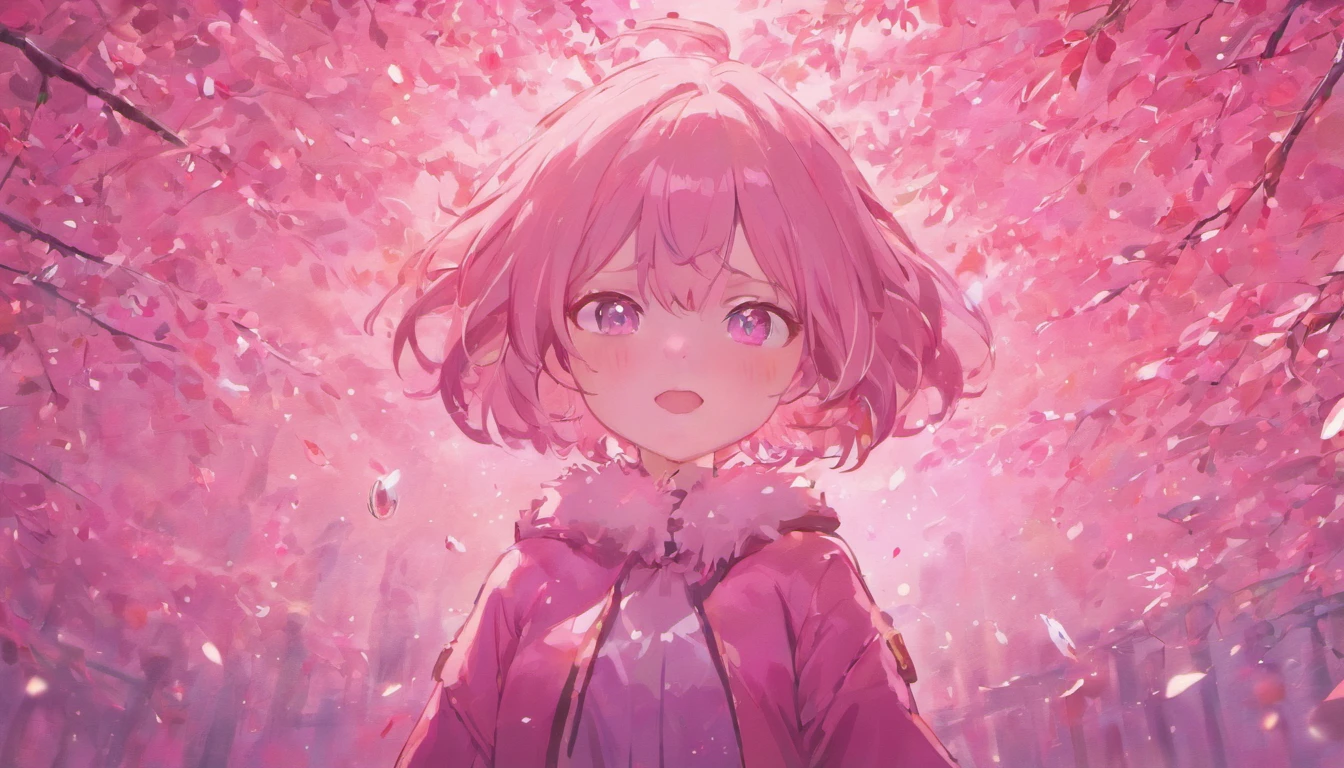 Pink girl with silver hair, Pink eyes, Very short hairstyle, A shy smile, hair clips, Long sleeves, Small chest, reflection, Contre-Jour, landscape, Light scattering, Transparency of the light, (bustup:1.2), (masutepiece). (Best Quality, 8K, hight resolution), Ultra-detailed, (Realistic), Vivid colors、Winters、Contemporary city、Coat with fur、cocoa、relax