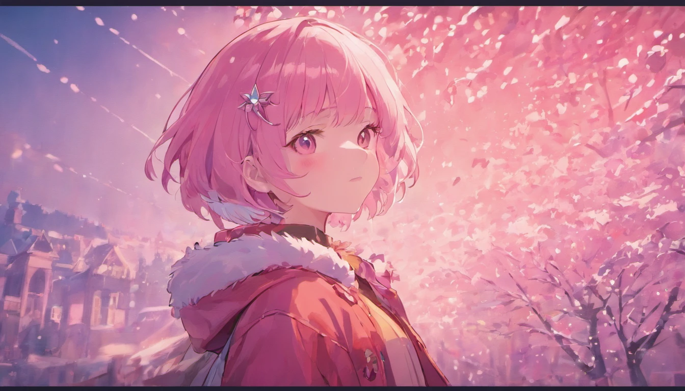 Pink girl with silver hair, Pink eyes, Very short hairstyle, A shy smile, hair clips, Long sleeves, Small chest, reflection, Contre-Jour, landscape, Light scattering, Transparency of the light, (bustup:1.2), (masutepiece). (Best Quality, 8K, hight resolution), Ultra-detailed, (Realistic), Vivid colors、Winters、Contemporary city、Coat with fur、cocoa、relax