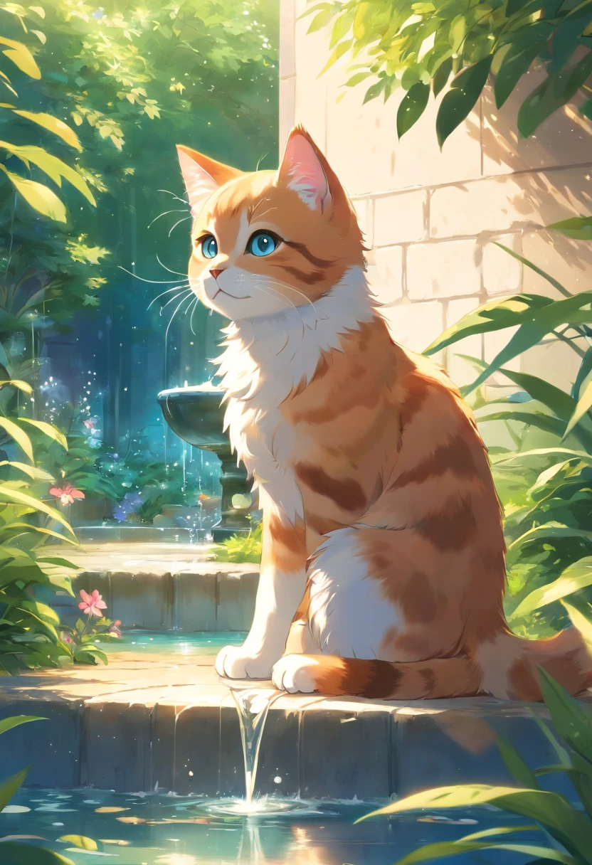 Cute kitten with fluffy round eyes, Fountain in the garden, butterflies, A remote home, Mirror effect
