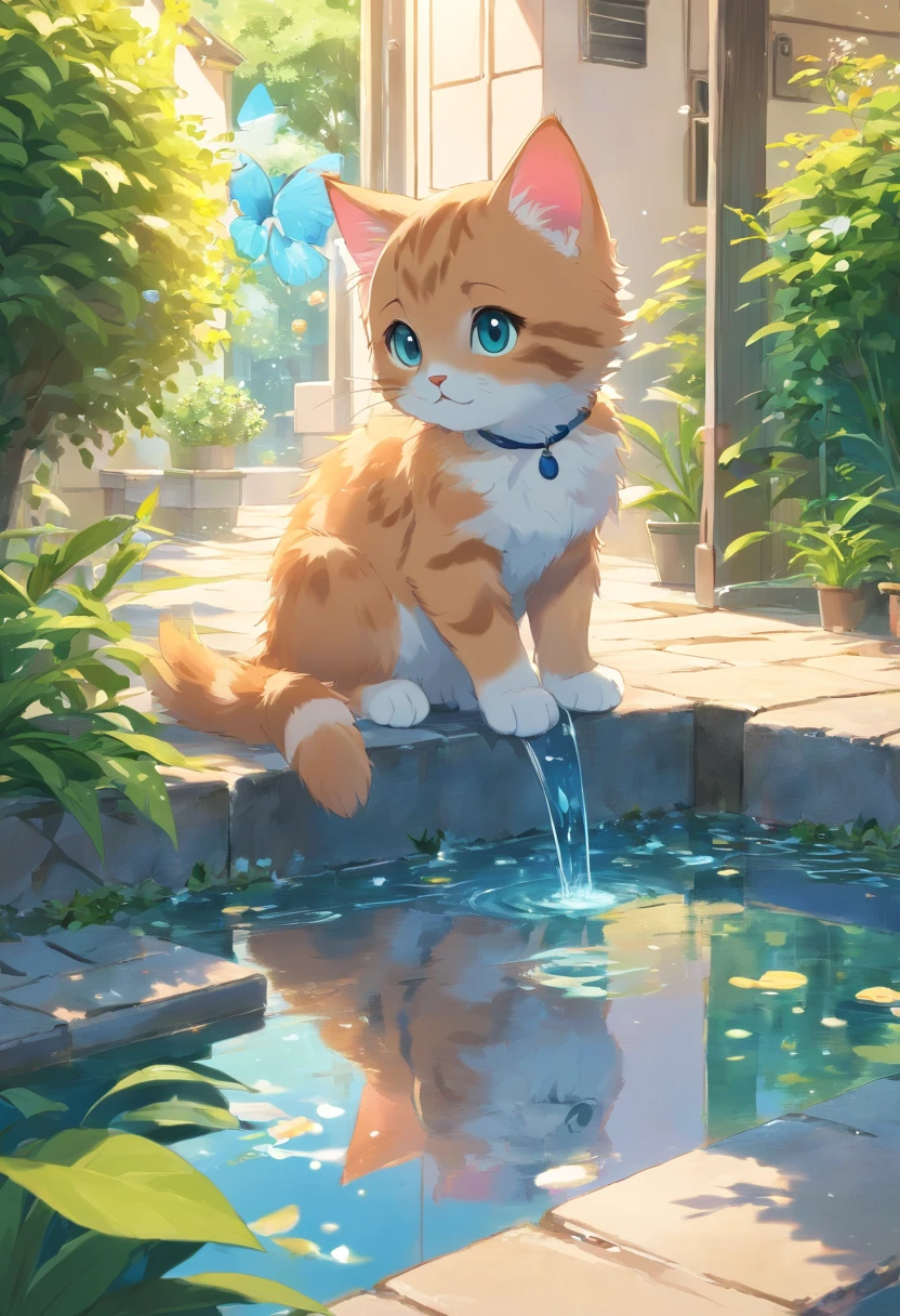 Cute kitten with fluffy round eyes, Fountain in the garden, butterflies, A remote home, Mirror effect