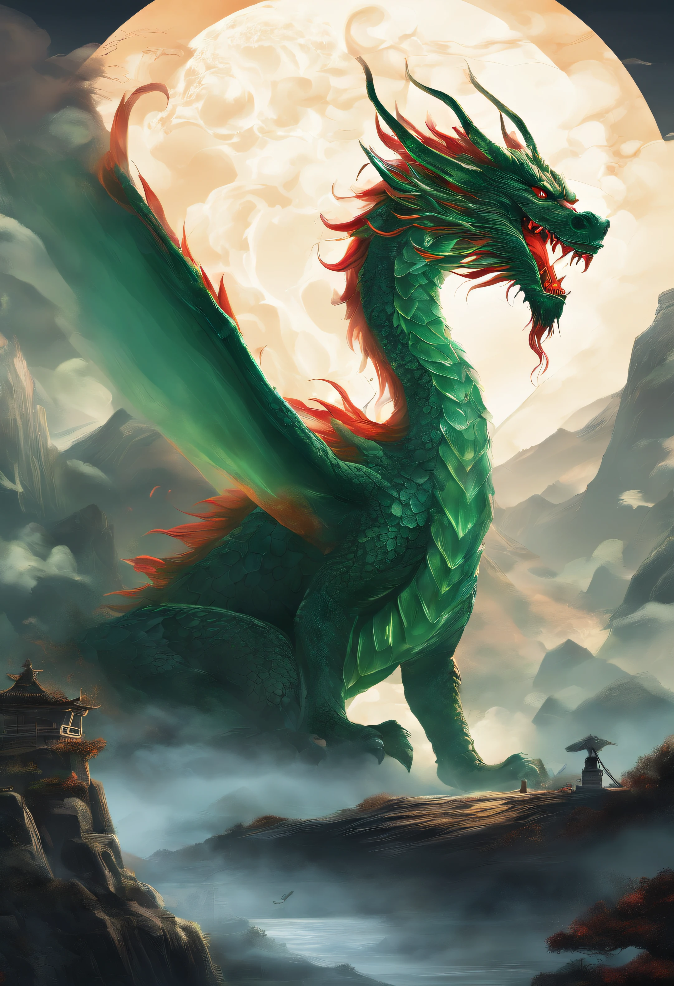 China-style,Chinese mythology,Chinese Green Dragon,tosen,Ferocious,gargantuan,The eyes glow red,Glow effects,surrounded by cloud,Thick clouds,中景 the scene is,Full body like, highly detailed surreal vfx,oc rendered,