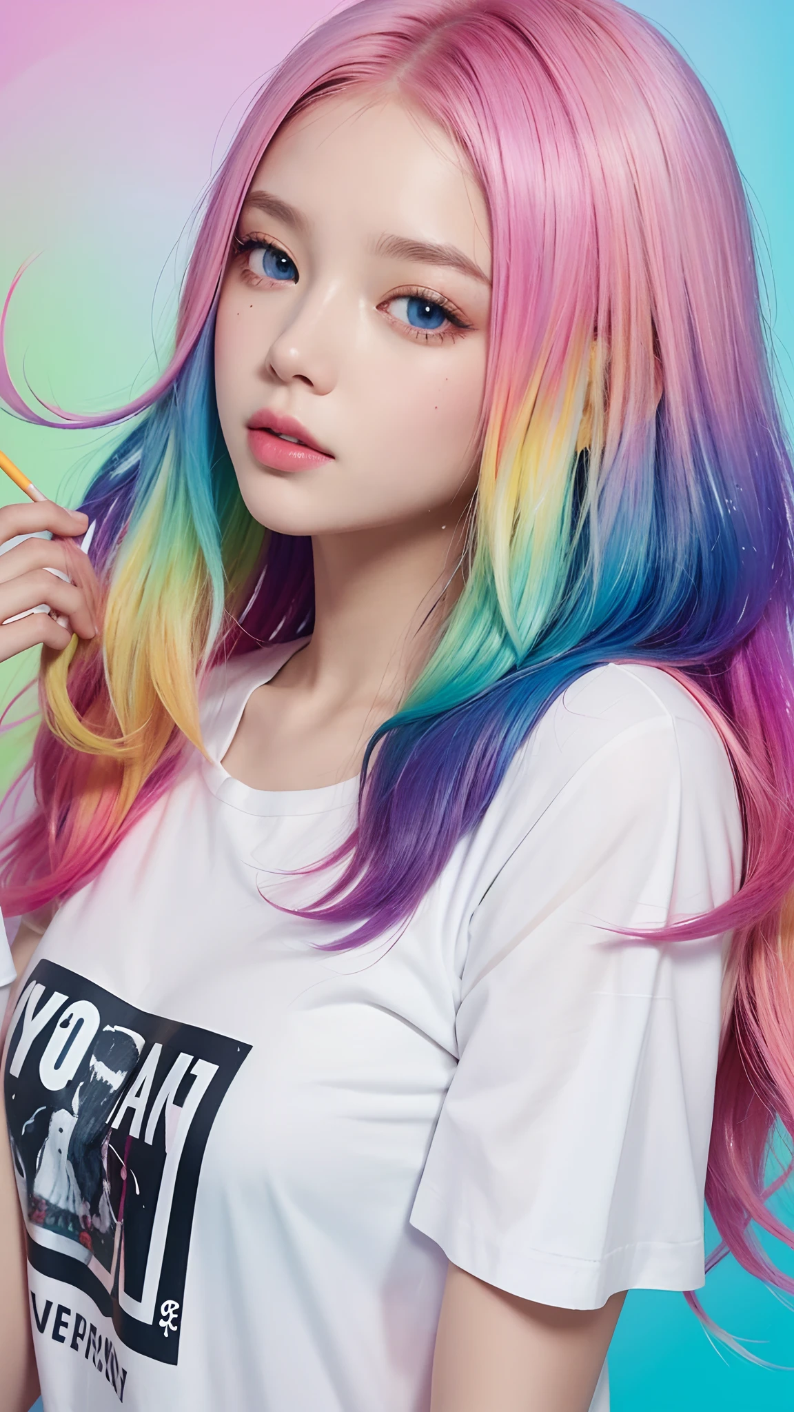 (Pink fashion T-shirt:1.9),(Colorful hair:1.8),(Rainbow all colors:1.8),((((Vertical painting:1.6))),(painting of a:1.6),frontage,comic strip,illustration,painting of a,largeeyes,crystal-clear,(rainbow color gradient high ponytail:1.7),Delicatemakeup,Keep one's mouth shut,long eyelasher,White shoulder T- shirt, White Shoulder Shirt,looking at viewert,watery big eyes,(rainbow colour hair:1.6), color splash, (solo:1.8), color splash, color explosion, colour splash, color explosion, Thick lacquer style,Messy lines,((shining)) ,(colorful), (colorful), (colorful), colorful, Thick Paint Style, (Splash) (Color Splash), Vertical Painting, Upper Body, Paint Splash, Acrylic Pigment, Gradient, Paint, Highest Image Quality, Highest image quality, Masterpiece, Solo, Depth of Field, Face Paint, colorful clothes, (ellegance: 1.2), opulent, long whitr hair, ventania, (ellegance: 1.3), (petals: 1.4),(((masterpiece))),(((Best quality at best))),((ultra - detailed)),(illustratio),(dynamic angle),((floatking)),(Paintwork),((Loose hair)),(solo),(1girl) , (( (Detailed anima face))),((Beautiful detailed face)),collars,exposed bare shoulders,whaite hair,((The color hair)),((Striped hair)),Beautiful detailed eyes,(Gradient color eyes),(( (Colored eyes))),(((coloured background))),(((high saturated))),(((Surrounded by colorful splashes))),
