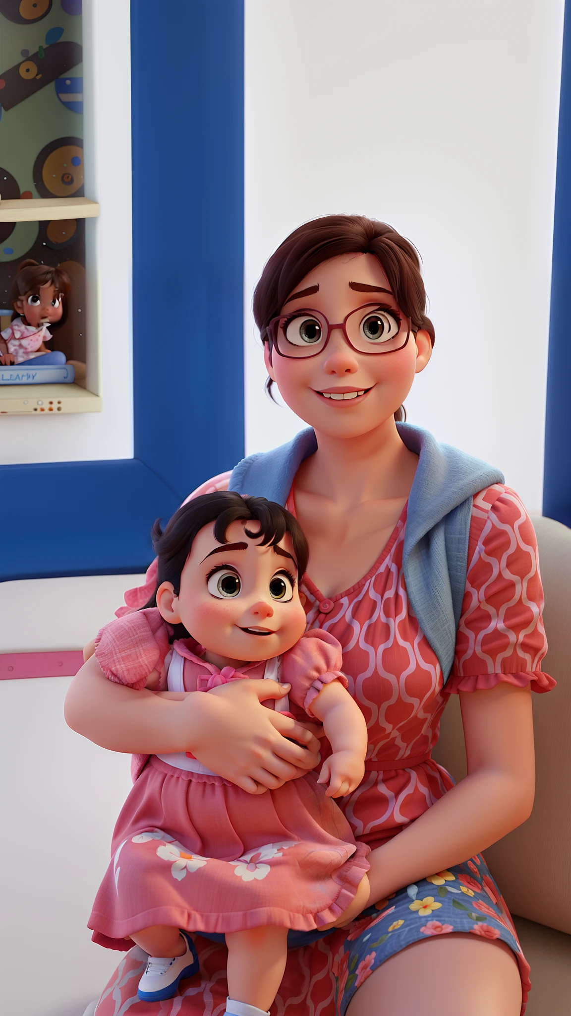 Estilo pixar , uma tia babona , feliz com seu sobrinho no colo