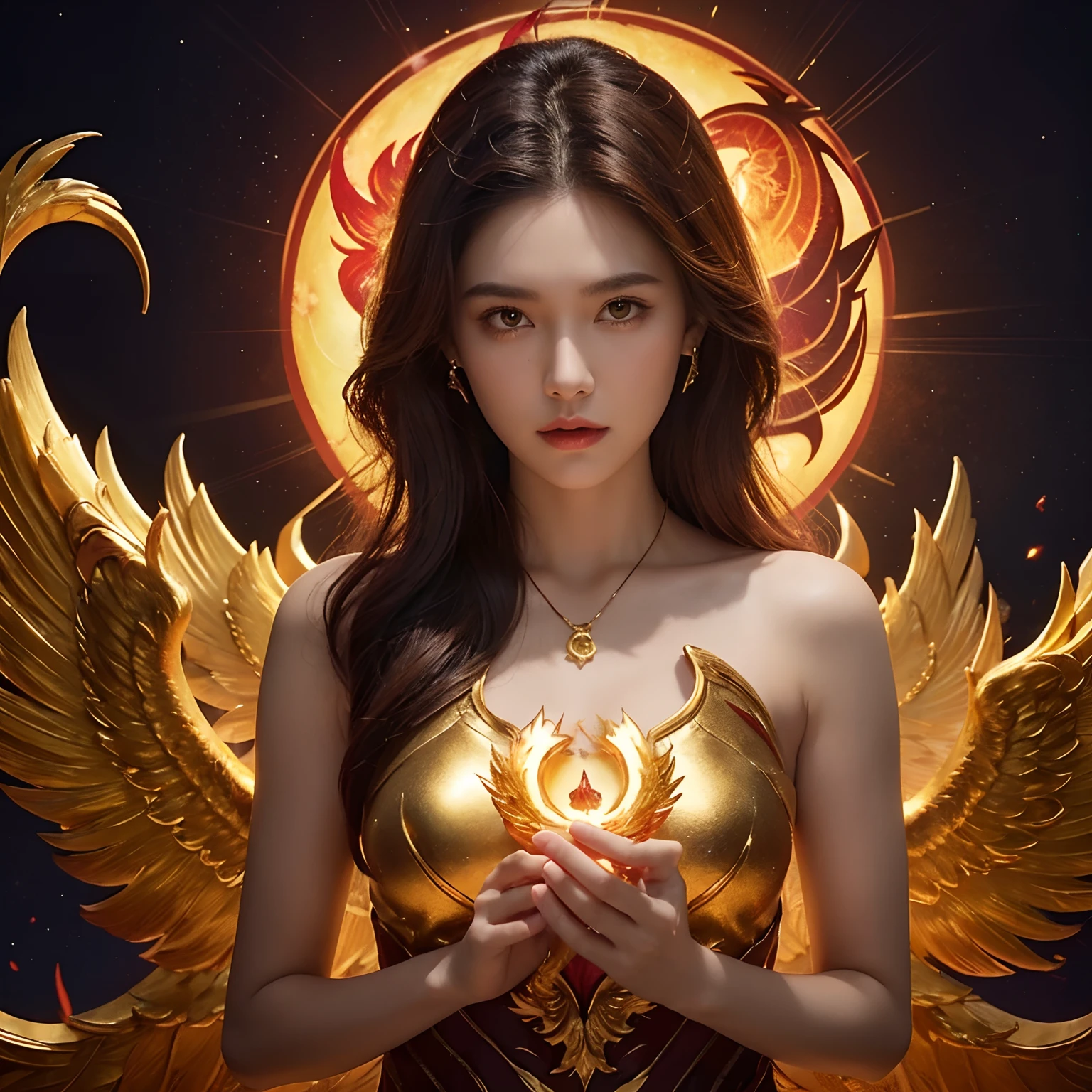 (Upper body:1.3), 12 girls,Guardians of Phoenix, A pendant with a golden phoenix logo hangs on the chest，Wearing a naked, Fireproof cage with obsidian railings, Phoenix nest with shimmering golden feathers, Claw gloves for handling phoenixes, Feed the fiery rubies of the phoenix,