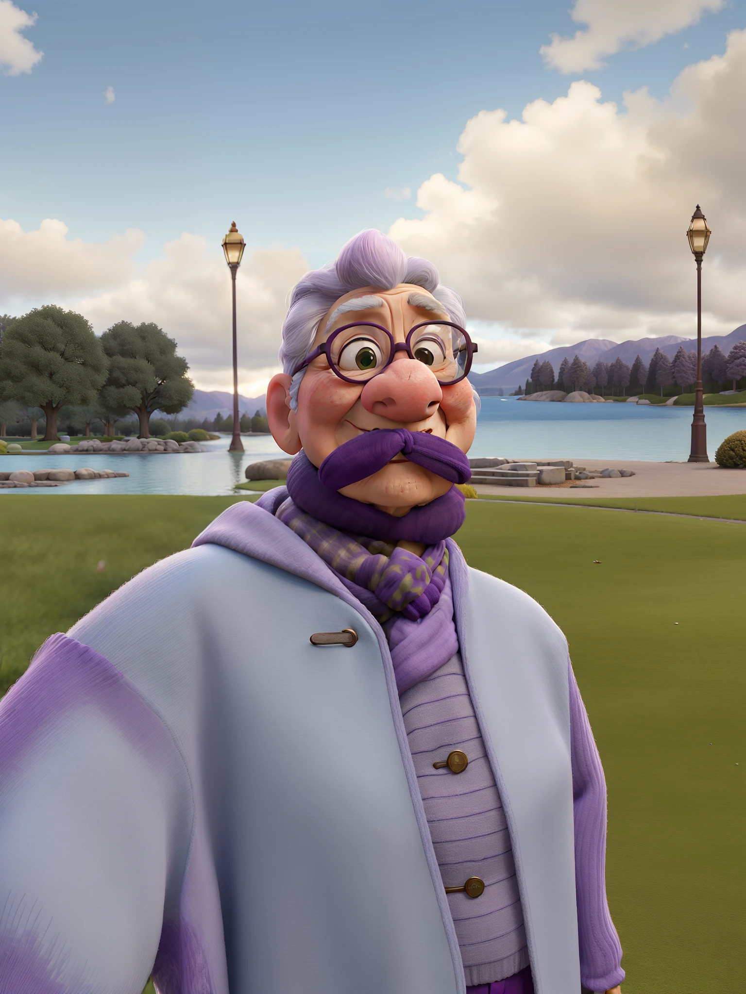 masterpiece, best quality, an old woman with glasses and a scarf on, wearing a purple coat and green scarf, standing at the park