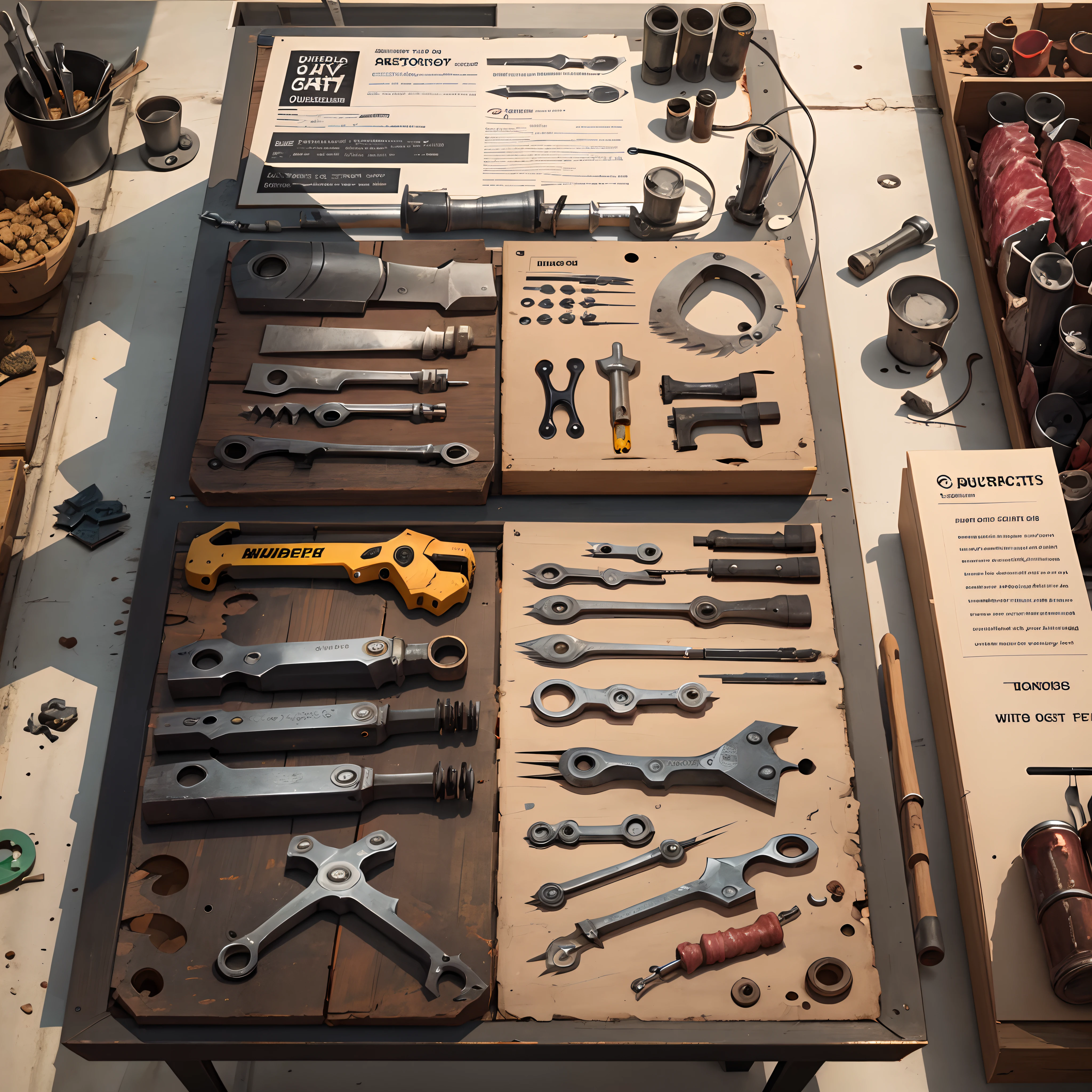A board with industrial tools, butcher's page, wrench, drill, drill and...