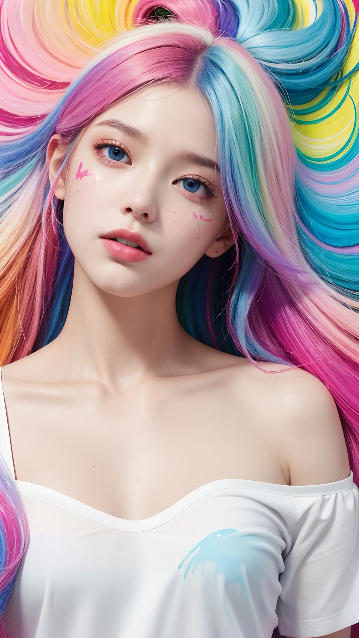 (Pink fashion T-shirt:1.9),(Colorful hair:1.8),(Rainbow all colors:1.8),((((Vertical painting:1.6))),(painting of a:1.6),frontage,comic strip,illustration,painting of a,largeeyes,crystal-clear,(rainbow color gradient high ponytail:1.7),Delicatemakeup,Keep one's mouth shut,long eyelasher,White shoulder T- shirt, White Shoulder Shirt,looking at viewert,watery big eyes,(rainbow colour hair:1.6), color splash, (solo:1.8), color splash, color explosion, colour splash, color explosion, Thick lacquer style,Messy lines,((shining)) ,(colorful), (colorful), (colorful), colorful, Thick Paint Style, (Splash) (Color Splash), Vertical Painting, Upper Body, Paint Splash, Acrylic Pigment, Gradient, Paint, Highest Image Quality, Highest image quality, Masterpiece, Solo, Depth of Field, Face Paint, colorful clothes, (ellegance: 1.2), opulent, long whitr hair, ventania, (ellegance: 1.3), (petals: 1.4),(((masterpiece))),(((Best quality at best))),((ultra - detailed)),(illustratio),(dynamic angle),((floatking)),(Paintwork),((Loose hair)),(solo),(1girl) , (( (Detailed anima face))),((Beautiful detailed face)),collars,exposed bare shoulders,whaite hair,((The color hair)),((Striped hair)),Beautiful detailed eyes,(Gradient color eyes),(( (Colored eyes))),(((coloured background))),(((high saturated))),(((Surrounded by colorful splashes))),