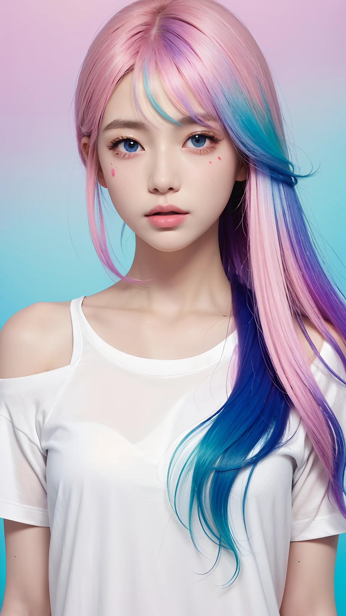 (Pink fashion T-shirt:1.9),(Colorful hair:1.8),(Rainbow all colors:1.8),((((Vertical painting:1.6))),(painting of a:1.6),frontage,comic strip,illustration,painting of a,largeeyes,crystal-clear,(rainbow color gradient high ponytail:1.7),Delicatemakeup,Keep one's mouth shut,long eyelasher,White shoulder T- shirt, White Shoulder Shirt,looking at viewert,watery big eyes,(rainbow colour hair:1.6), color splash, (solo:1.8), color splash, color explosion, colour splash, color explosion, Thick lacquer style,Messy lines,((shining)) ,(colorful), (colorful), (colorful), colorful, Thick Paint Style, (Splash) (Color Splash), Vertical Painting, Upper Body, Paint Splash, Acrylic Pigment, Gradient, Paint, Highest Image Quality, Highest image quality, Masterpiece, Solo, Depth of Field, Face Paint, colorful clothes, (ellegance: 1.2), opulent, long whitr hair, ventania, (ellegance: 1.3), (petals: 1.4),(((masterpiece))),(((Best quality at best))),((ultra - detailed)),(illustratio),(dynamic angle),((floatking)),(Paintwork),((Loose hair)),(solo),(1girl) , (( (Detailed anima face))),((Beautiful detailed face)),collars,exposed bare shoulders,whaite hair,((The color hair)),((Striped hair)),Beautiful detailed eyes,(Gradient color eyes),(( (Colored eyes))),(((coloured background))),(((high saturated))),(((Surrounded by colorful splashes))),