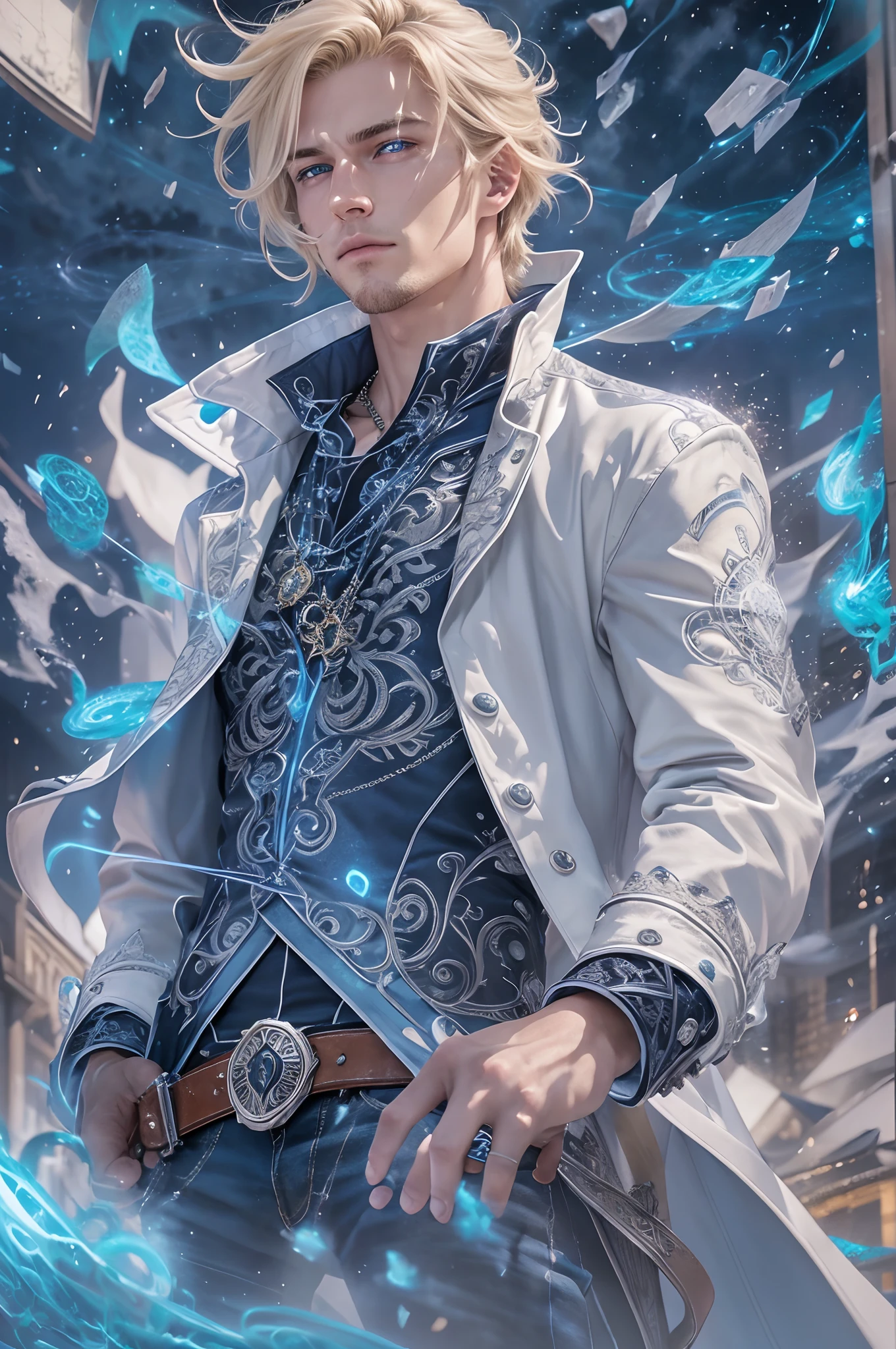 Portrait of 1 male, young adult, handsome, blond hair, blue eyes, finely detailed eyes and detailed face, intricate details, (style-swirlmagic:1.2), looking at viewer,  dynamic pose, detailed background, warrior mage, blue aura, casting a spell, tangle, zentangle, entangle, white trench coat, silver amulet, dark shirt, worn jeans, silver detailing, sparkling blue mist, floating pieces of dirt, blue energy emanating, cowboy shot, urban area, night, particle effects, raytracing, bokeh, depth of field