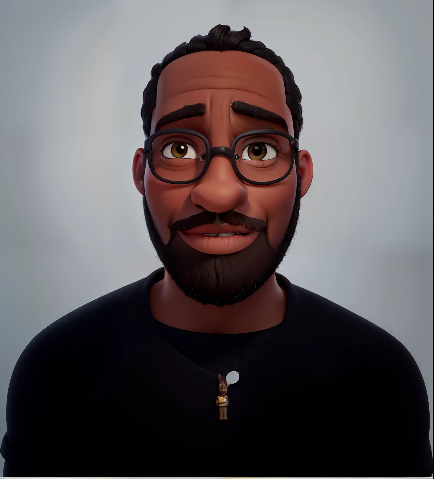 Um homem africano black oculos rosto oval labios carnudos com boca pequena olhos castanho escuro ::1 bigode aparado::1 grisalhos com moschetto e cabelo ::1 black curtissimo estilo disney pixar, alta qualidade, melhor qualidade