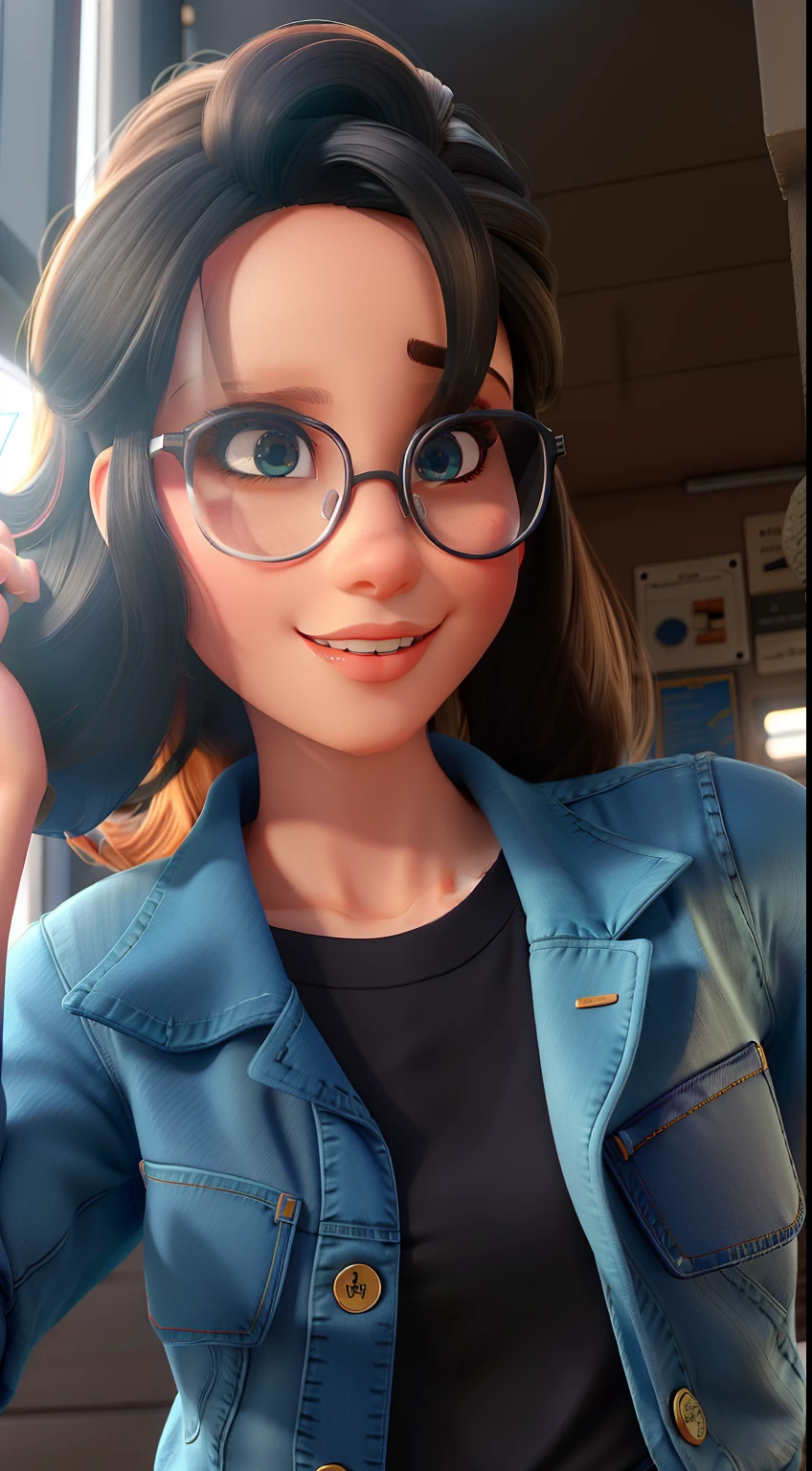 mulher bonita com oculos cabelo curto preto rosto simetrico boca destacada e olhos redondos jaqueta jeans azul desgastado camisa perta