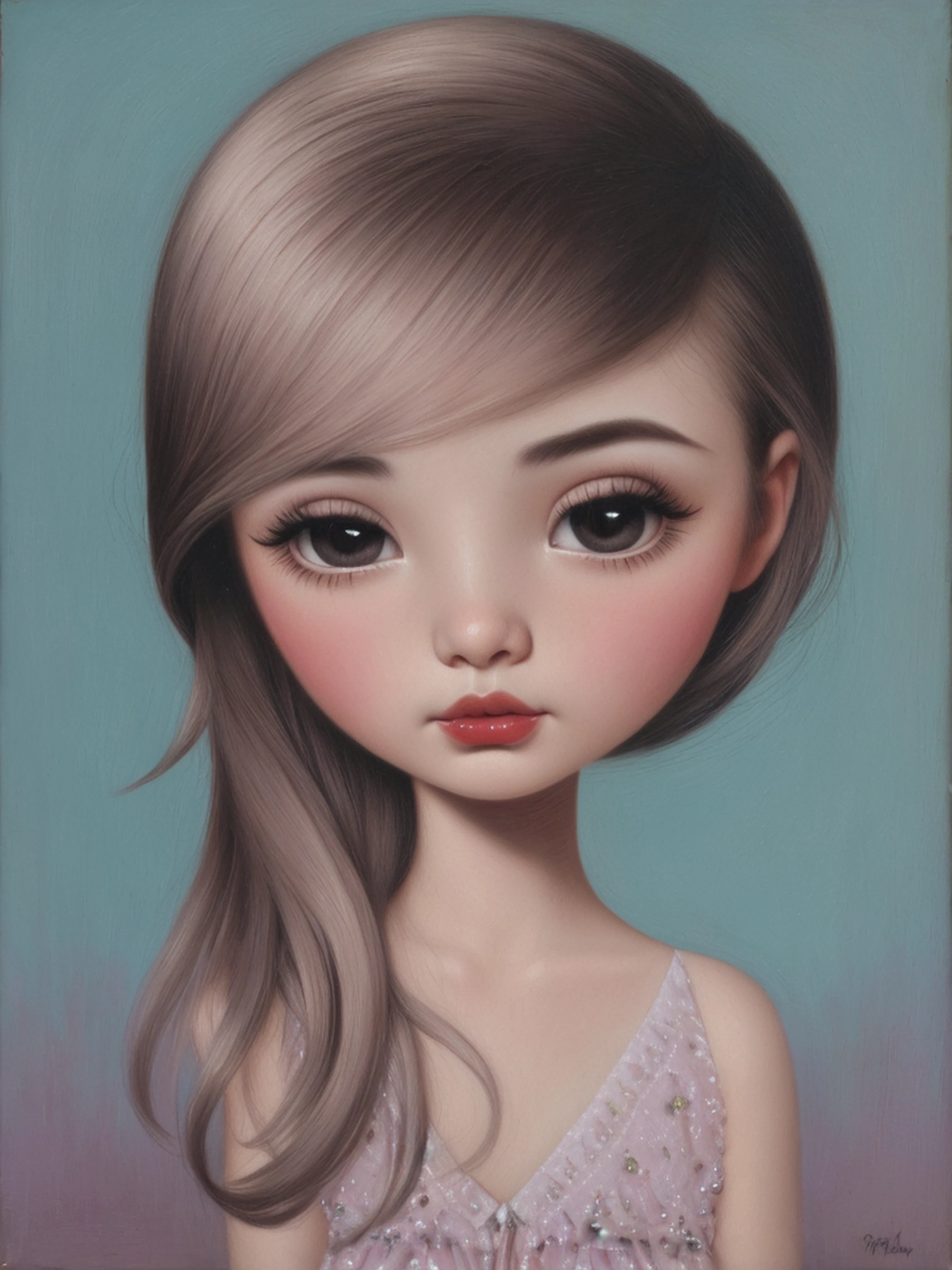 pintura de una mujer fea con las cejas muy gordas y peludas, estilo Mark Ryden, desnuda
