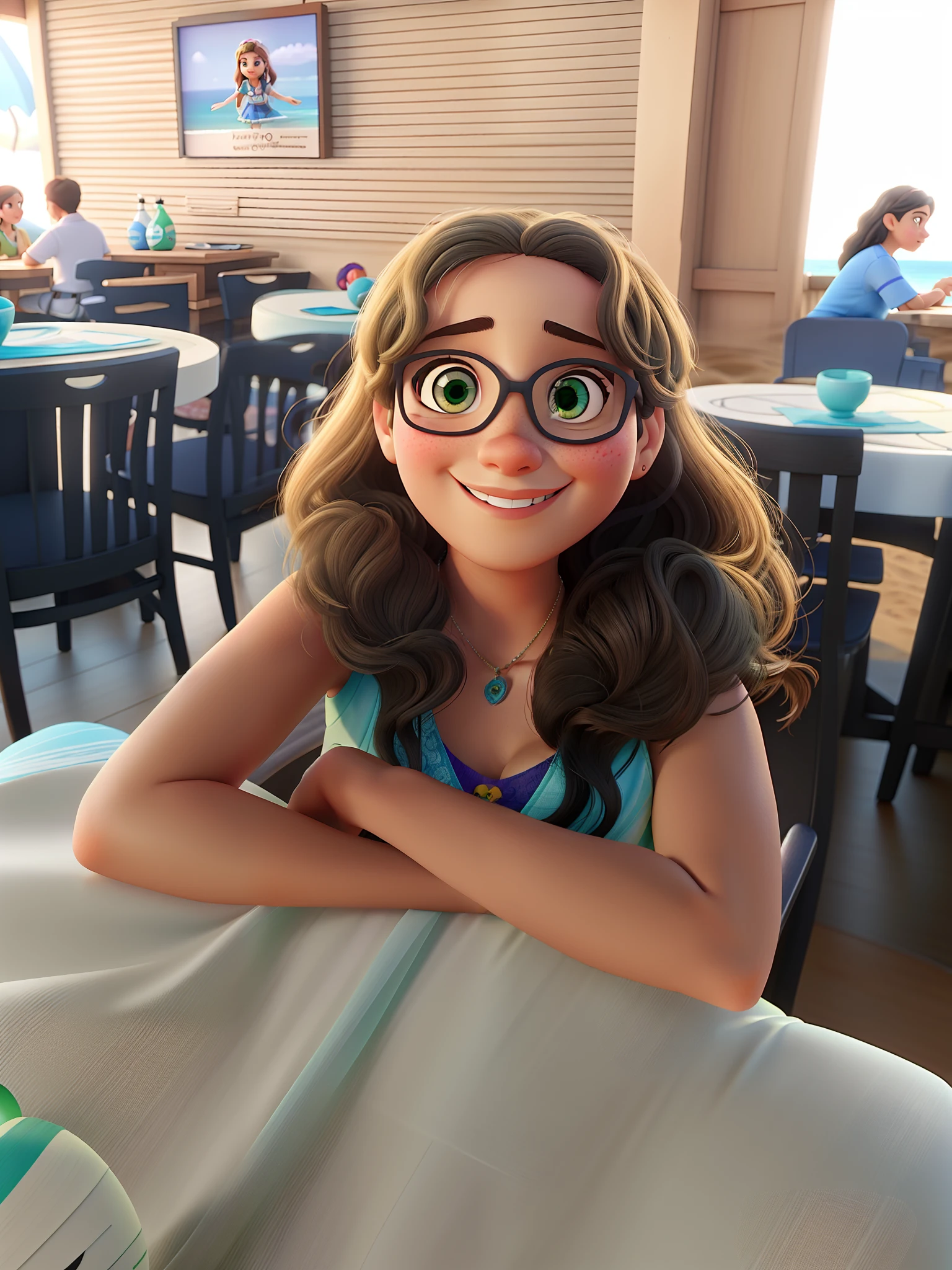 Uma garota estilo disney pixar em uma praia, alta qualidade, melhor qualidade