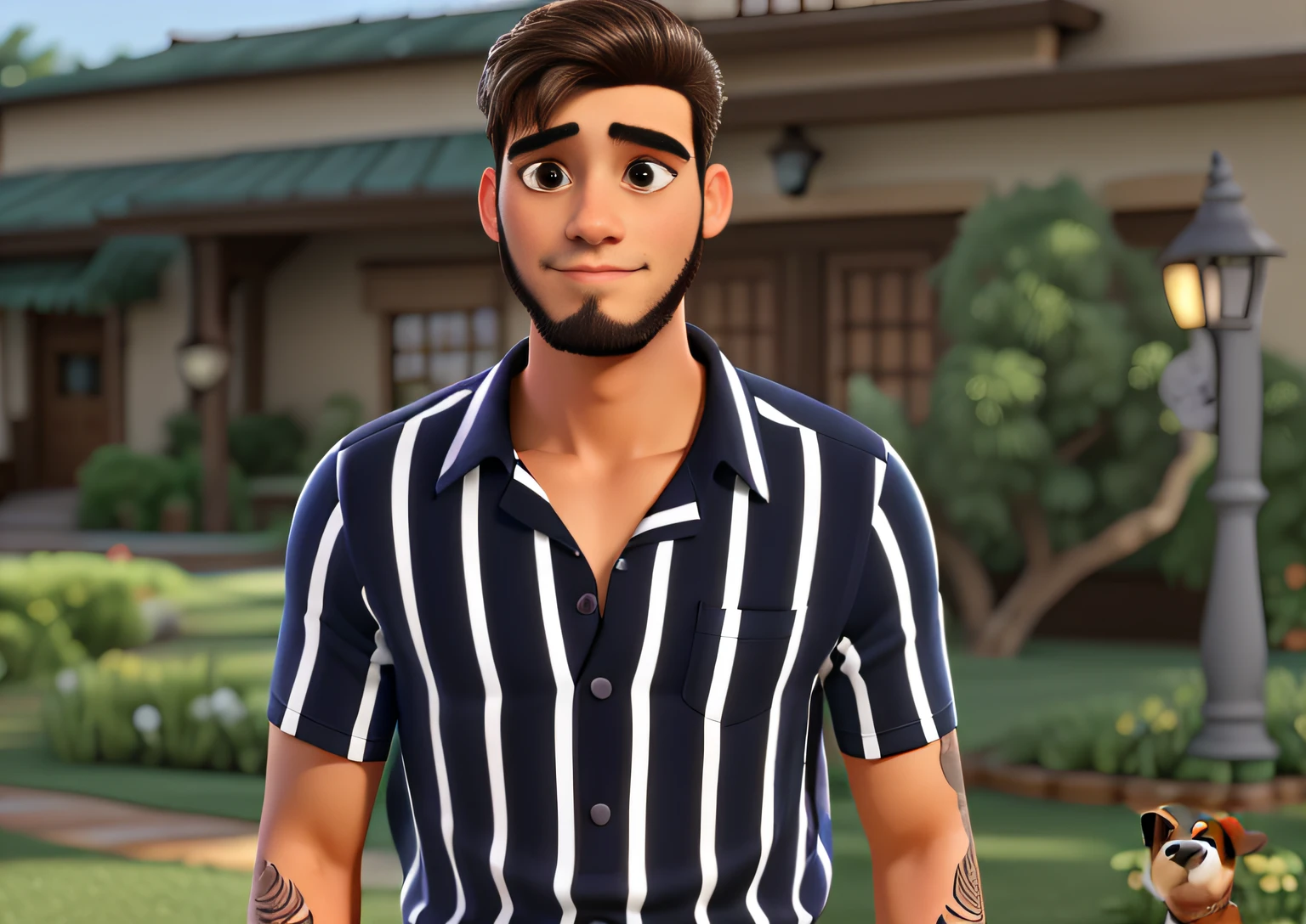 Um adulto moreno estilo disney pixar, Sage standing in front, illuminated by the light of a lamp, contra o pano de fundo de uma biblioteca, with a black boxer dog playing with a ball