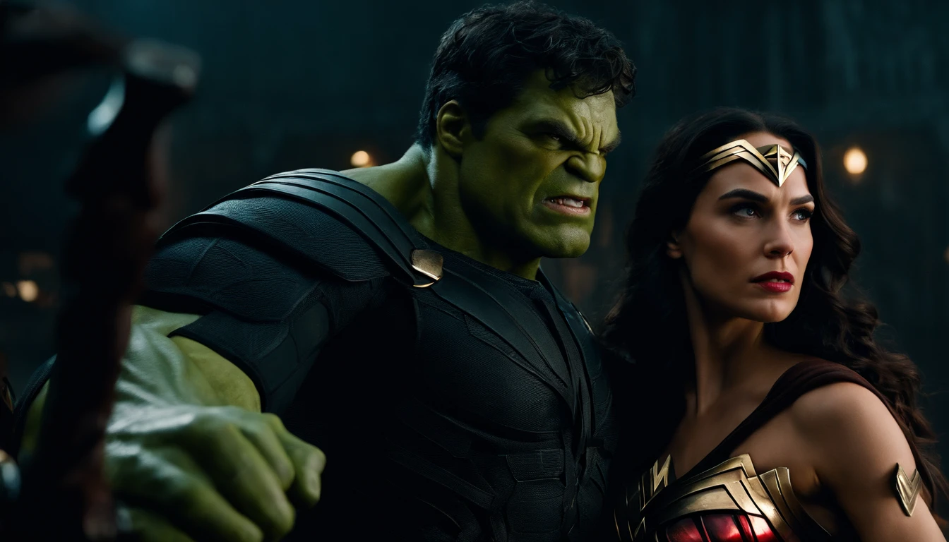 [Hulk and Wonder Woman engage in an intense battle against a villain wearing black armor, showcasing their incredible powers and teamwork], black hair, beret, mole under eye, pointy ears, Social realism, Hyperrealism, cinematic lighting, high details, masterpiece, best quality, high quality, 4K, super detail, retina, 8k